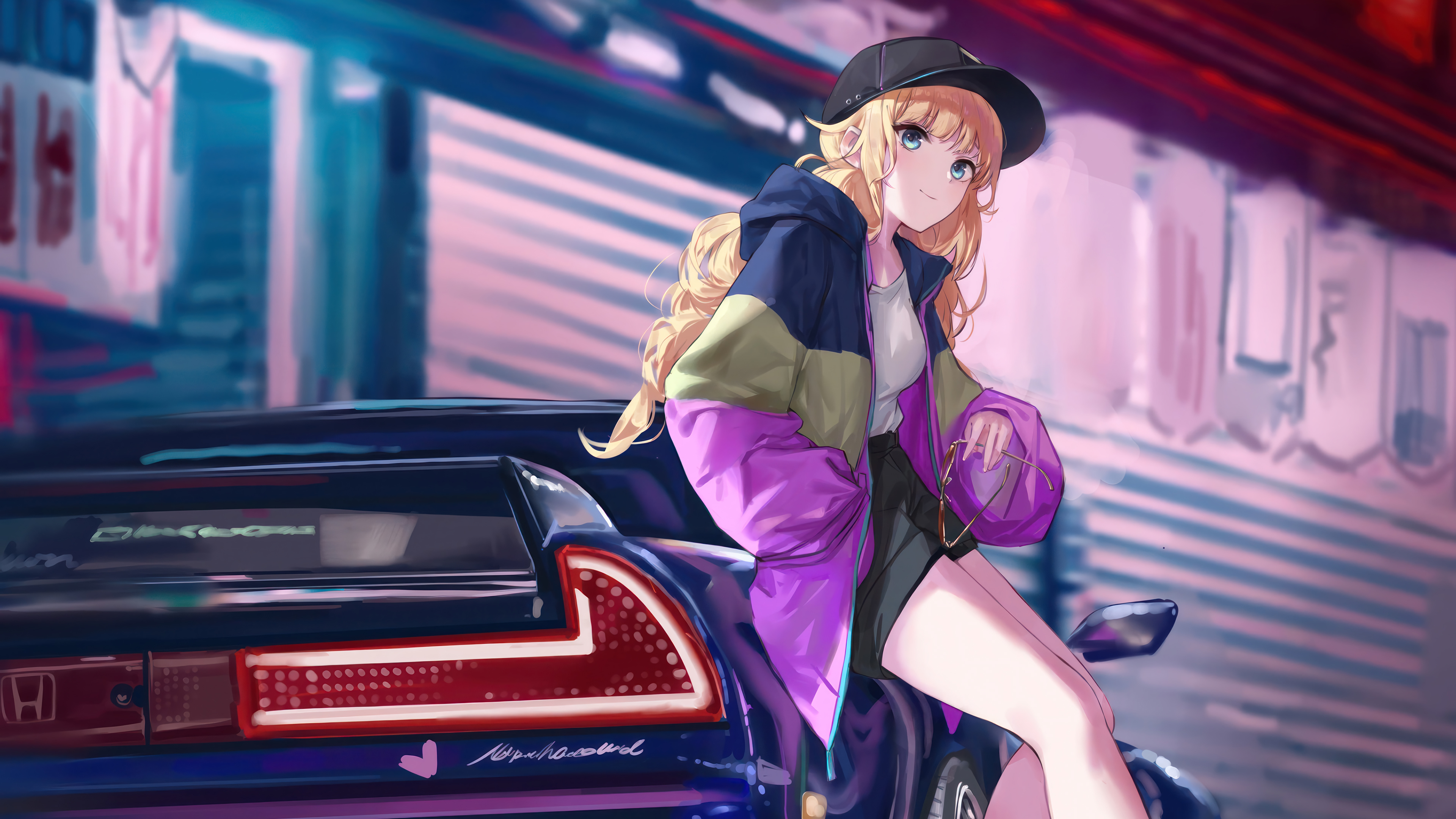 Anime Girl Blonde Sports Car Wallpaper
