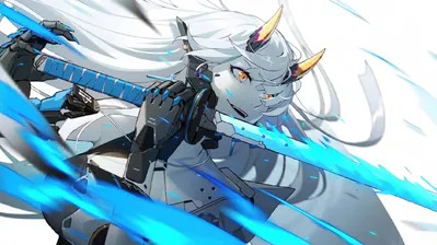 Anime Girl White Hair Katana Fantasy