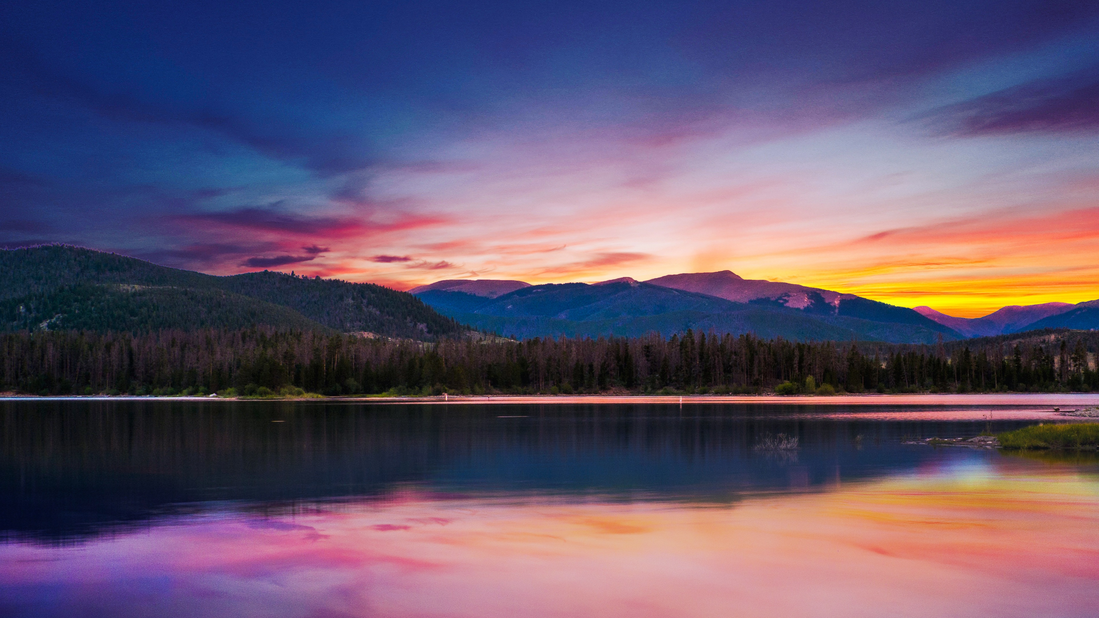 Sunset Wallpaper 4K, Forest, Mountains