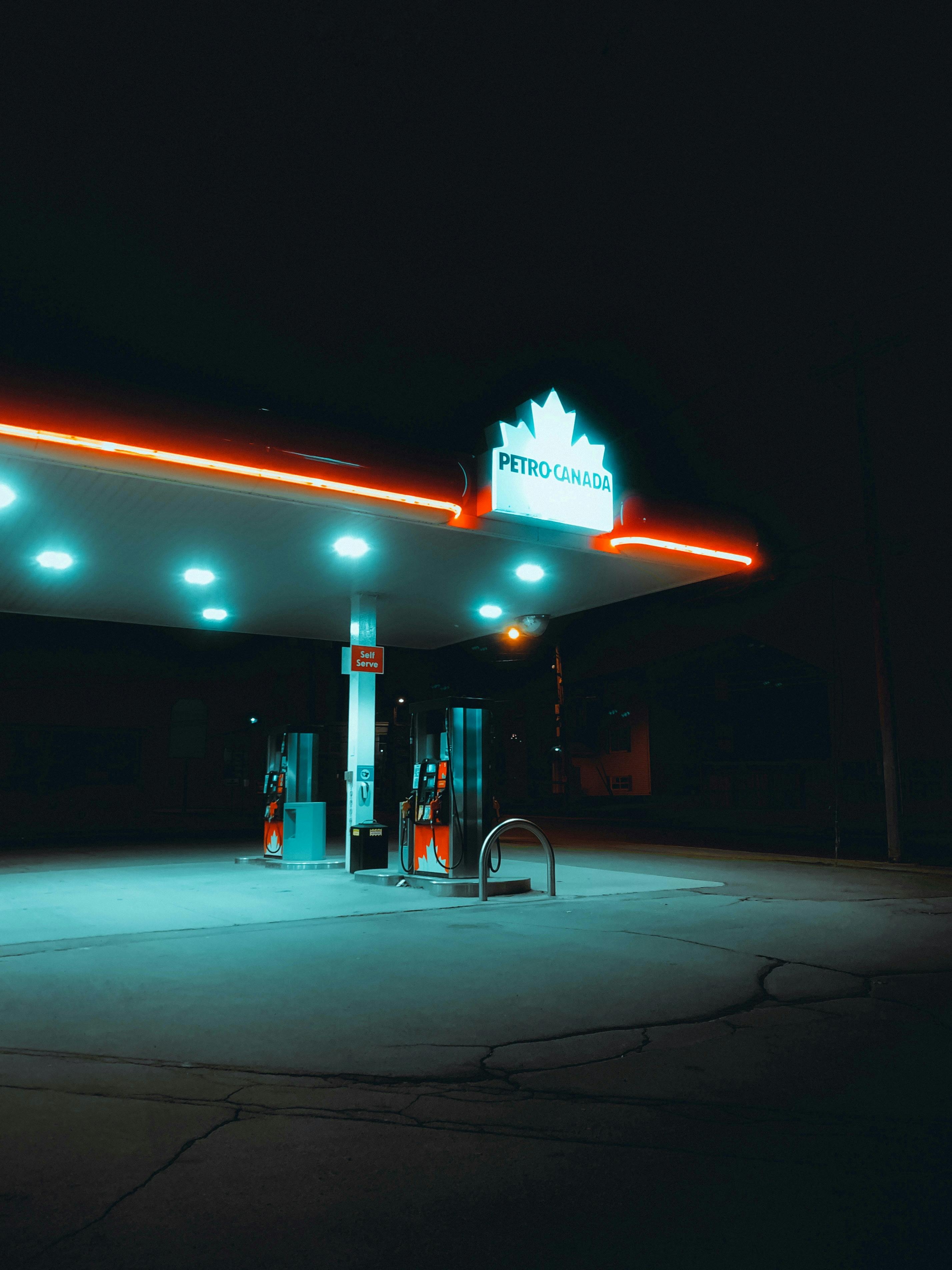 Gasoline Station with Neon Lights