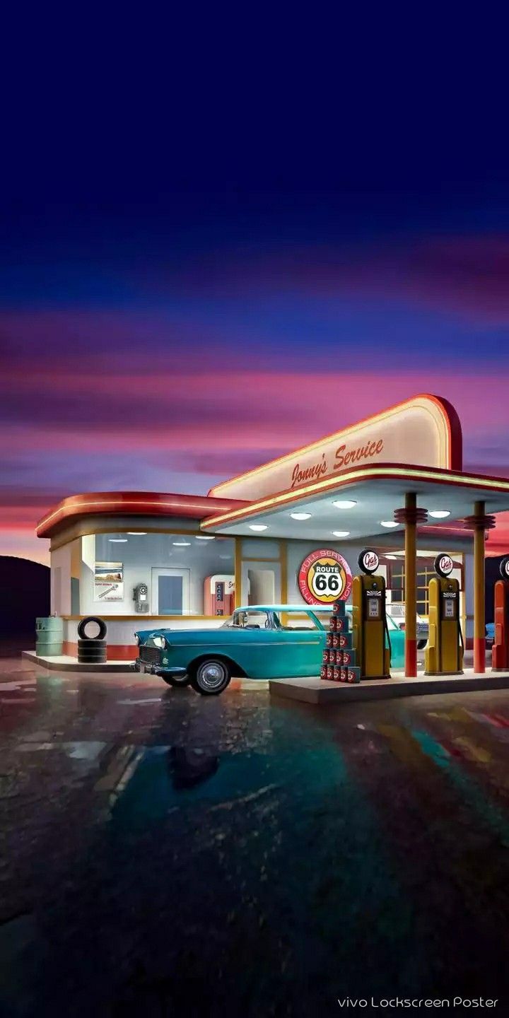Gas Station with Classic Car Wallpaper