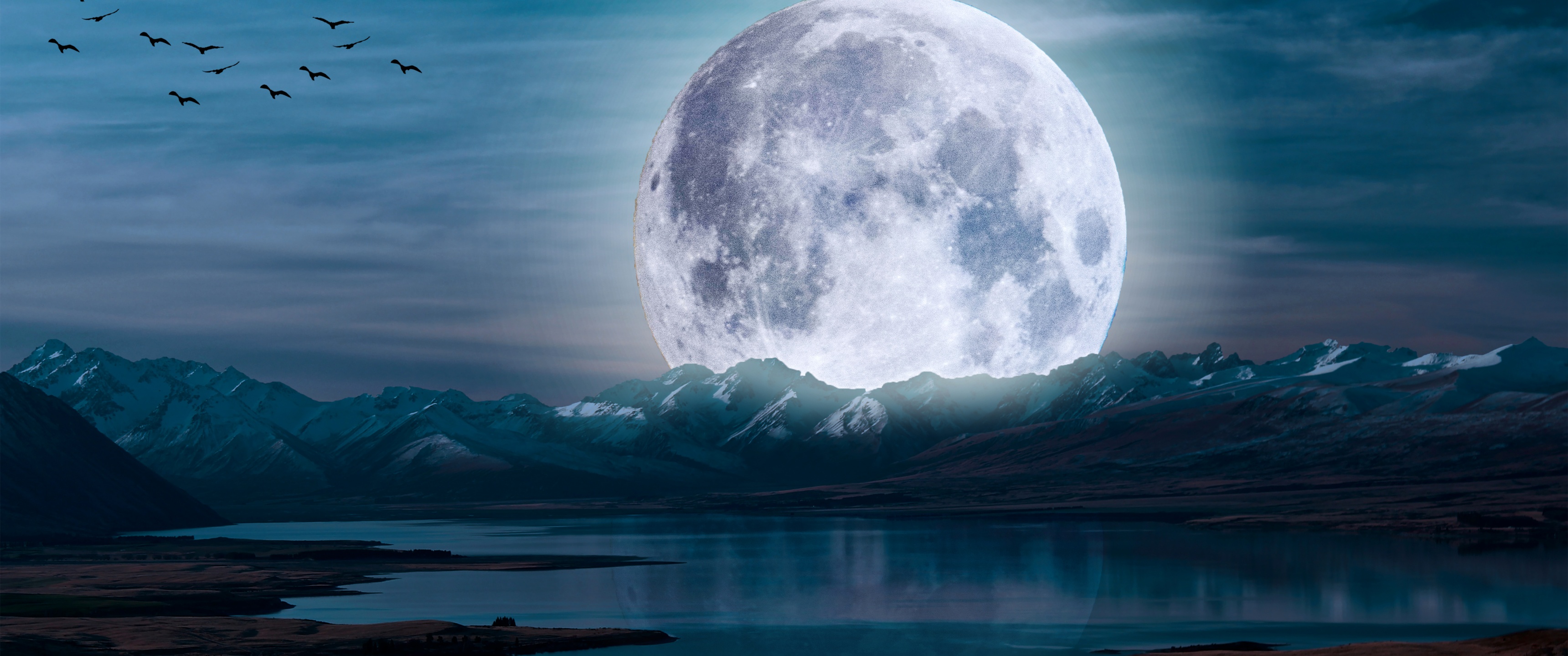 Moon Wallpaper 4K, Aesthetic, Night, Landscape, Lake