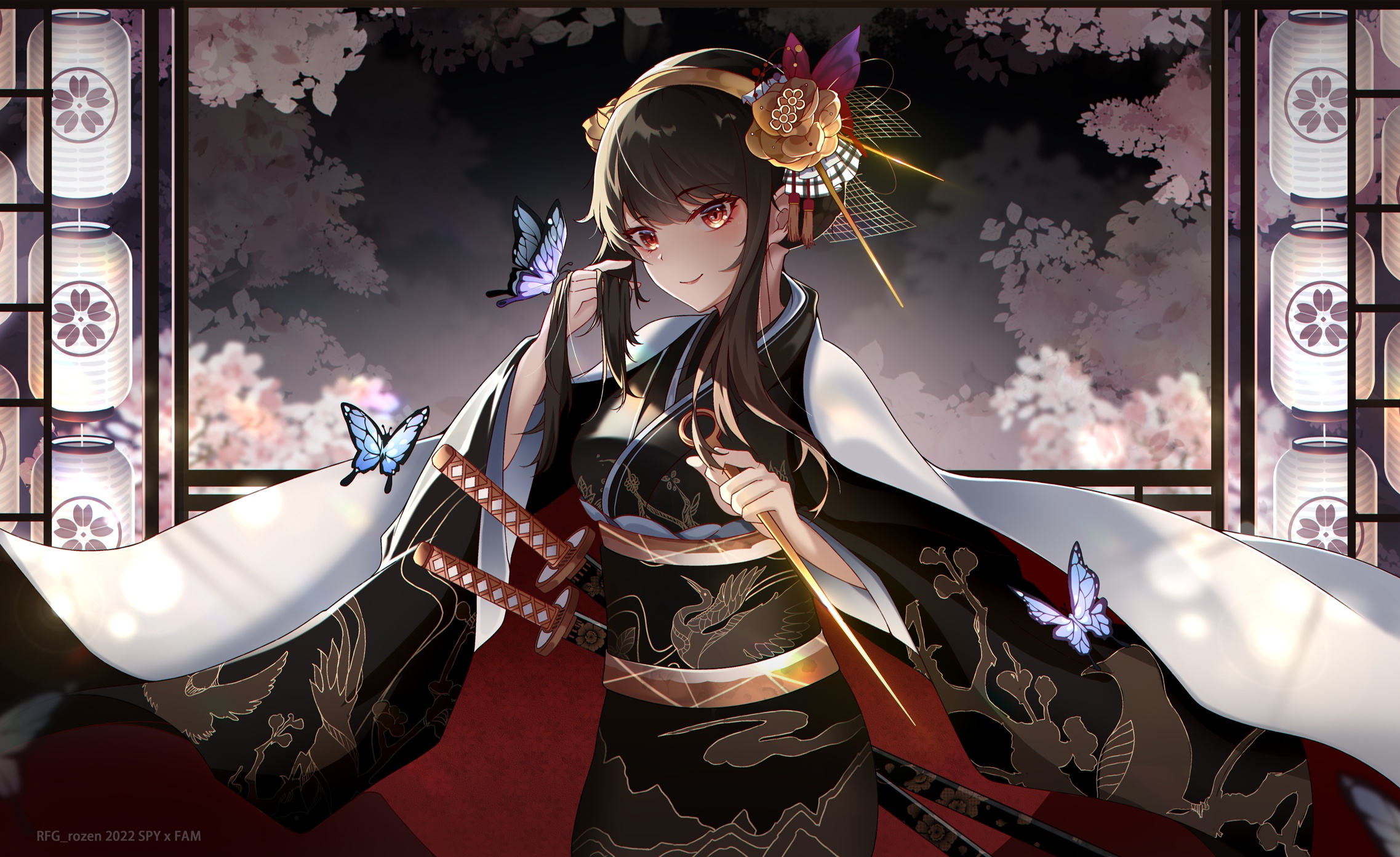 Wallpaper girl, Sakura, kimono, swords