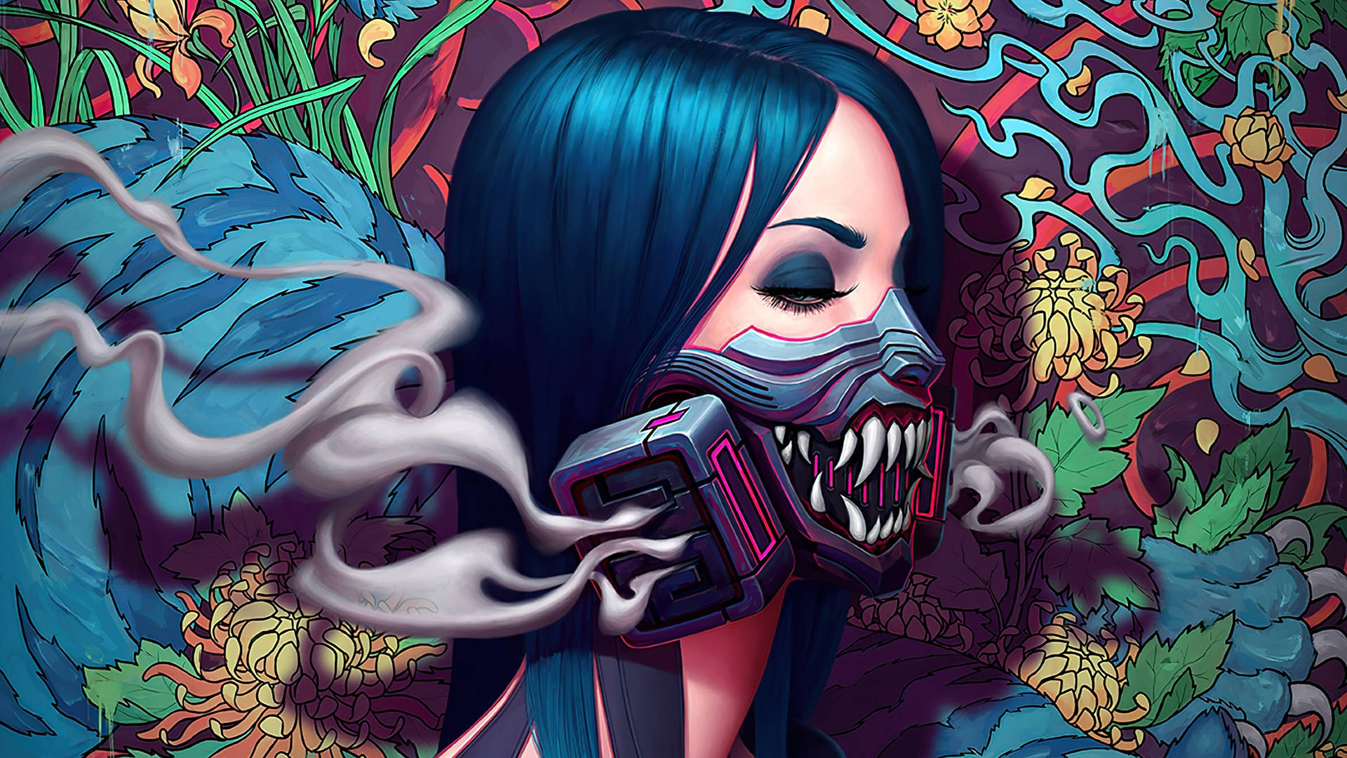 Download Enchanting Viper Oni Mask Illuminated in Vivid Hues Wallpaper
