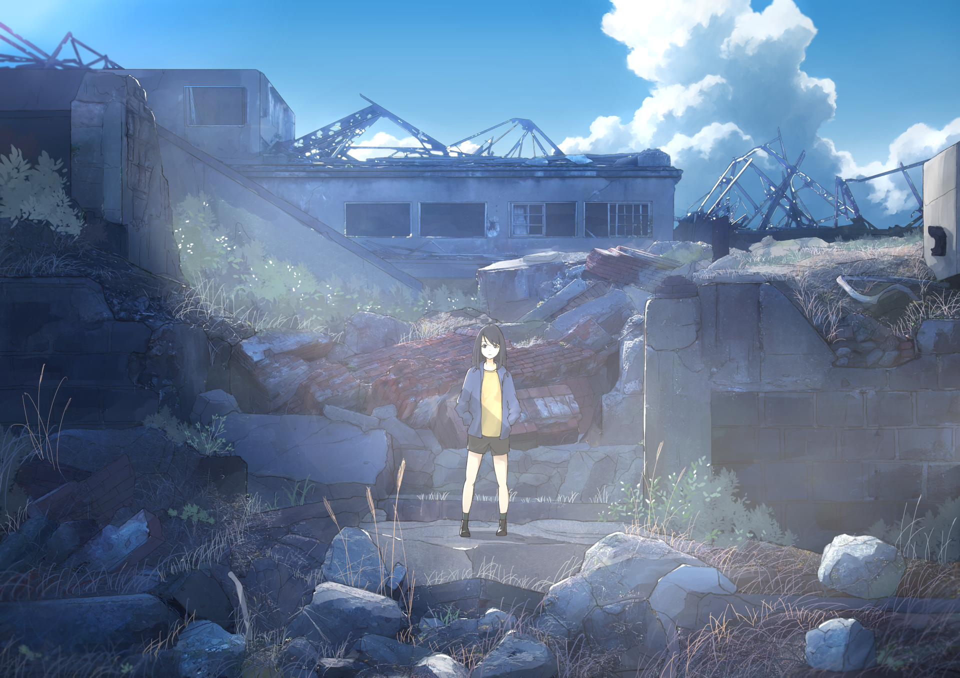 banner ruins destruction anime girl