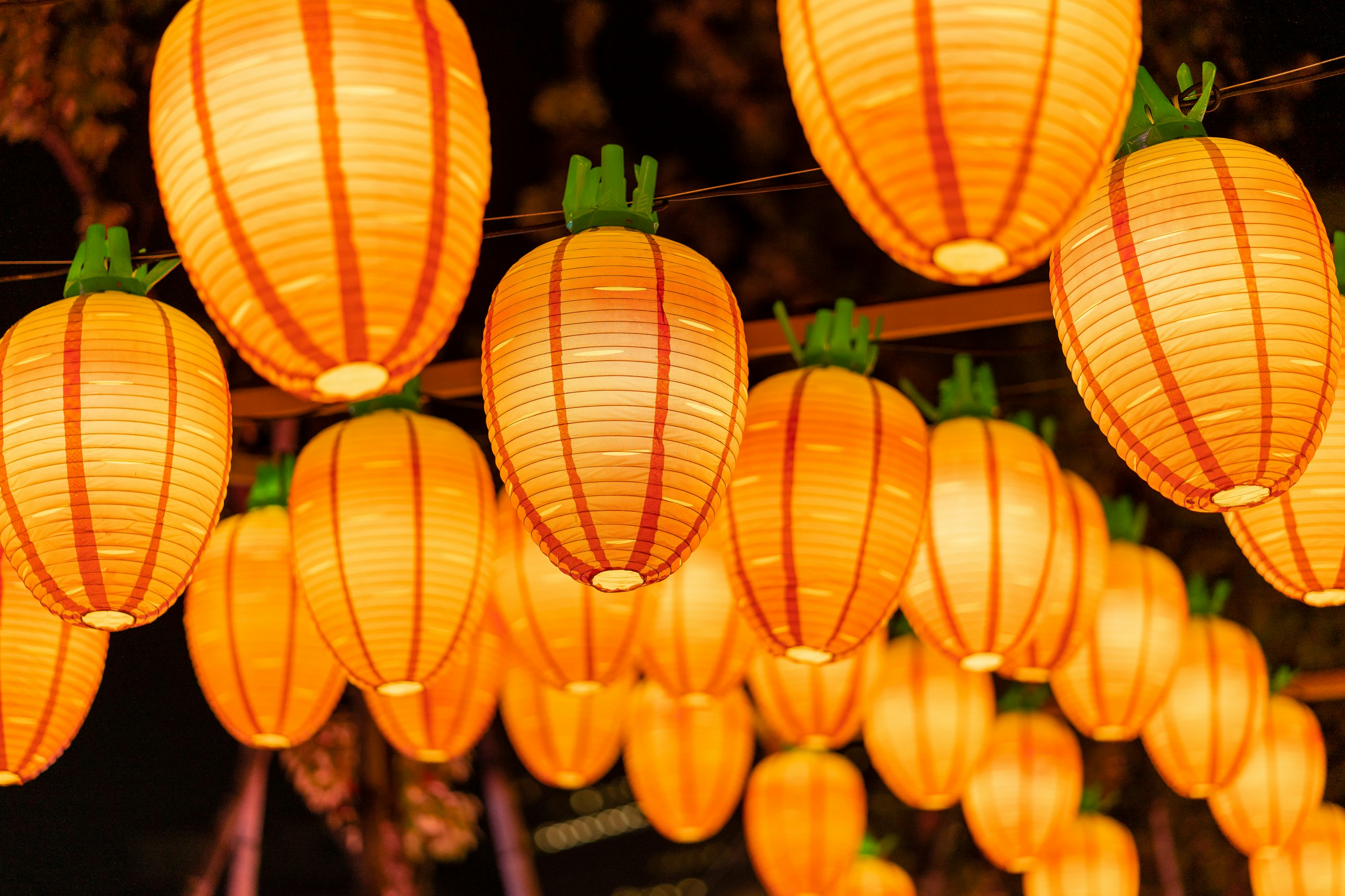A bunch of orange lanterns hanging