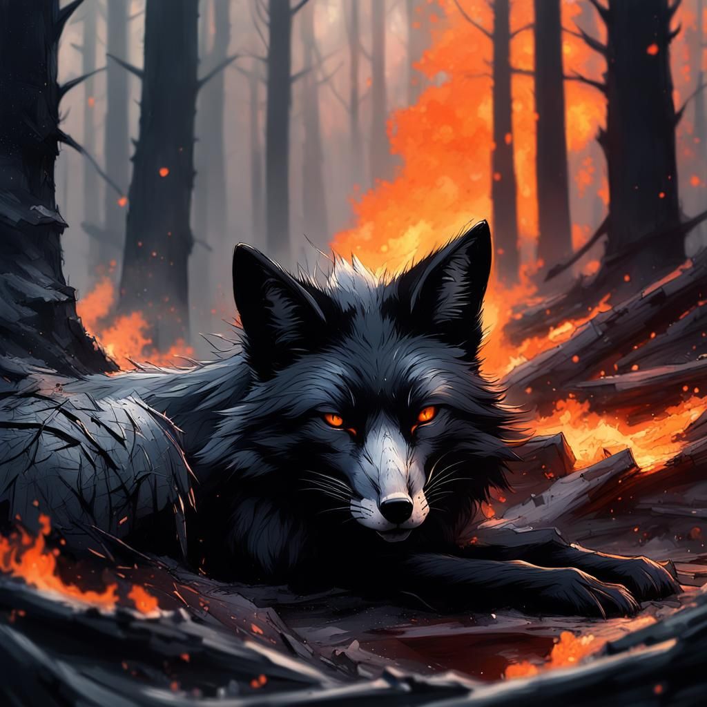 fox angry black in a burning forest