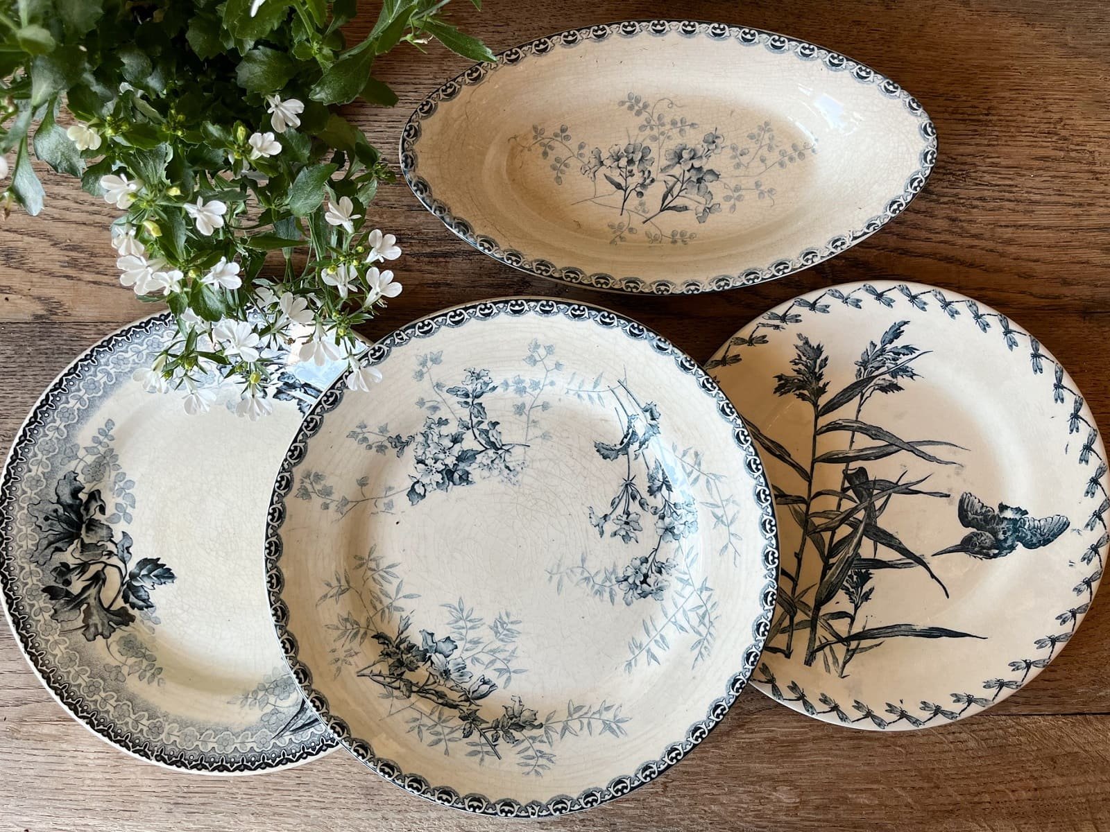 Antique French Faience Blue Floral