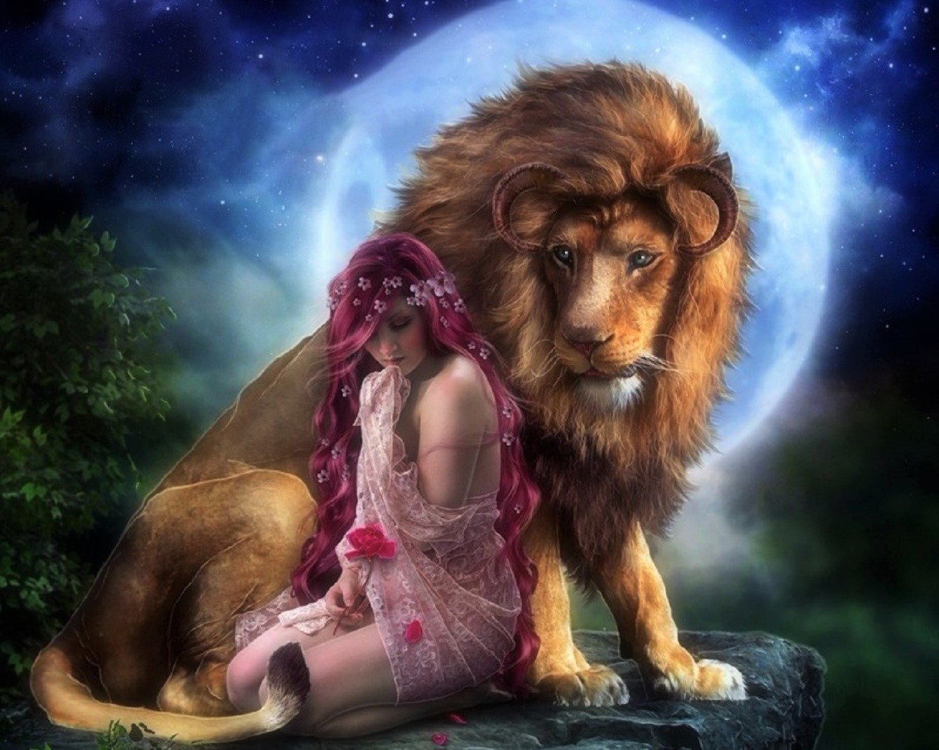 Download Moon Night Lion Fantasy Woman Art