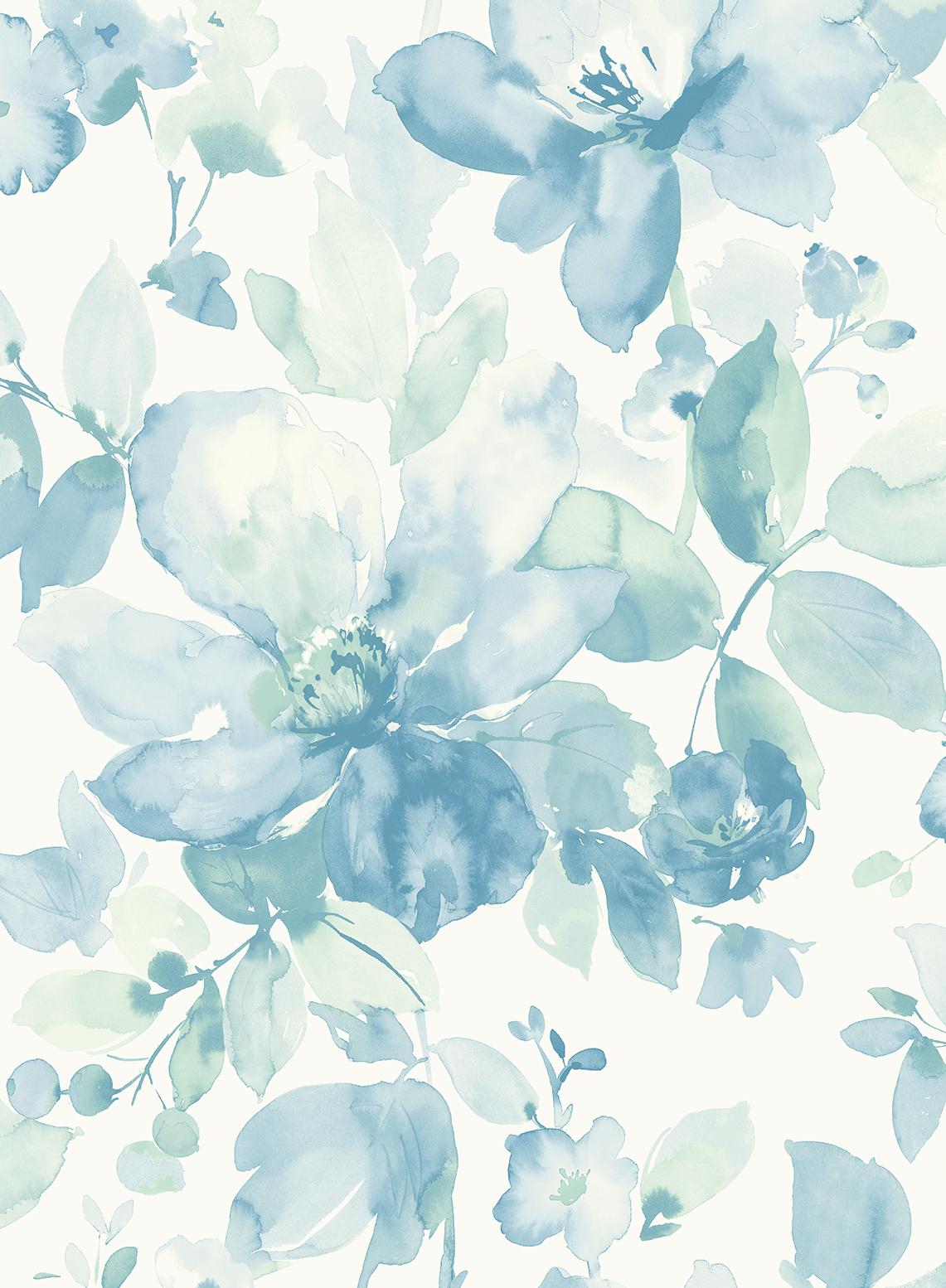 Watercolor Flower Peel And Stick Wallpaper In Seaglass