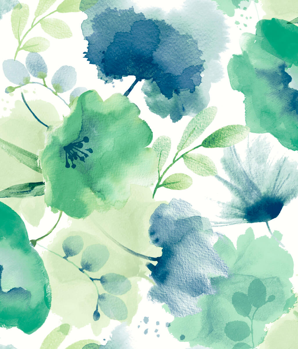 York Wallcoverings BL1774 Blue & Green Watercolor Bouquet Wallpaper