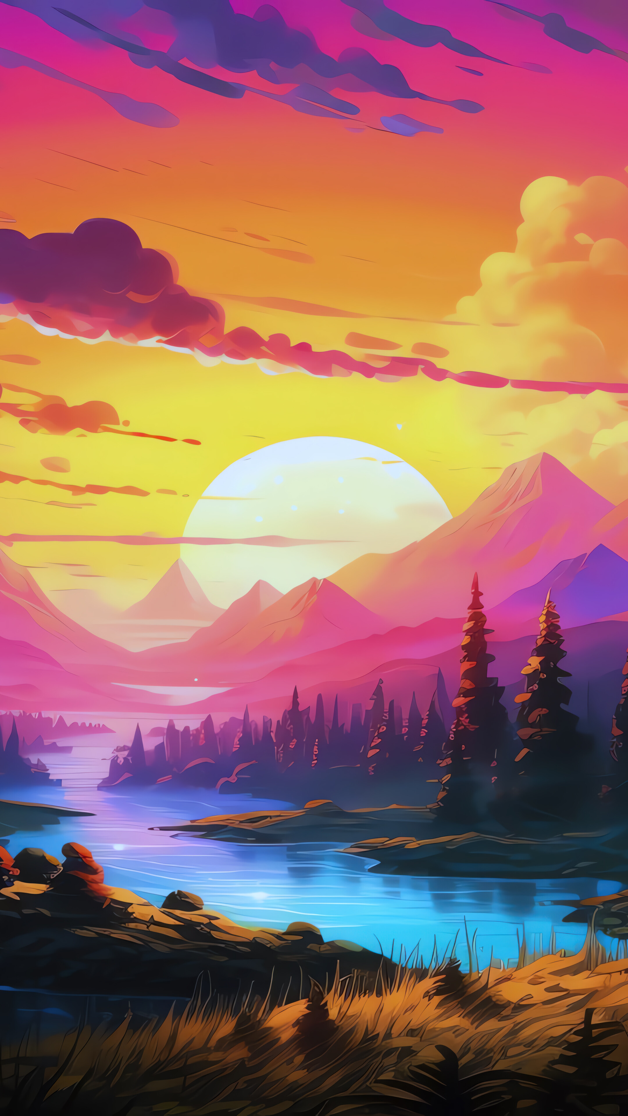 Mountain Sunset River Scenery Art 4K