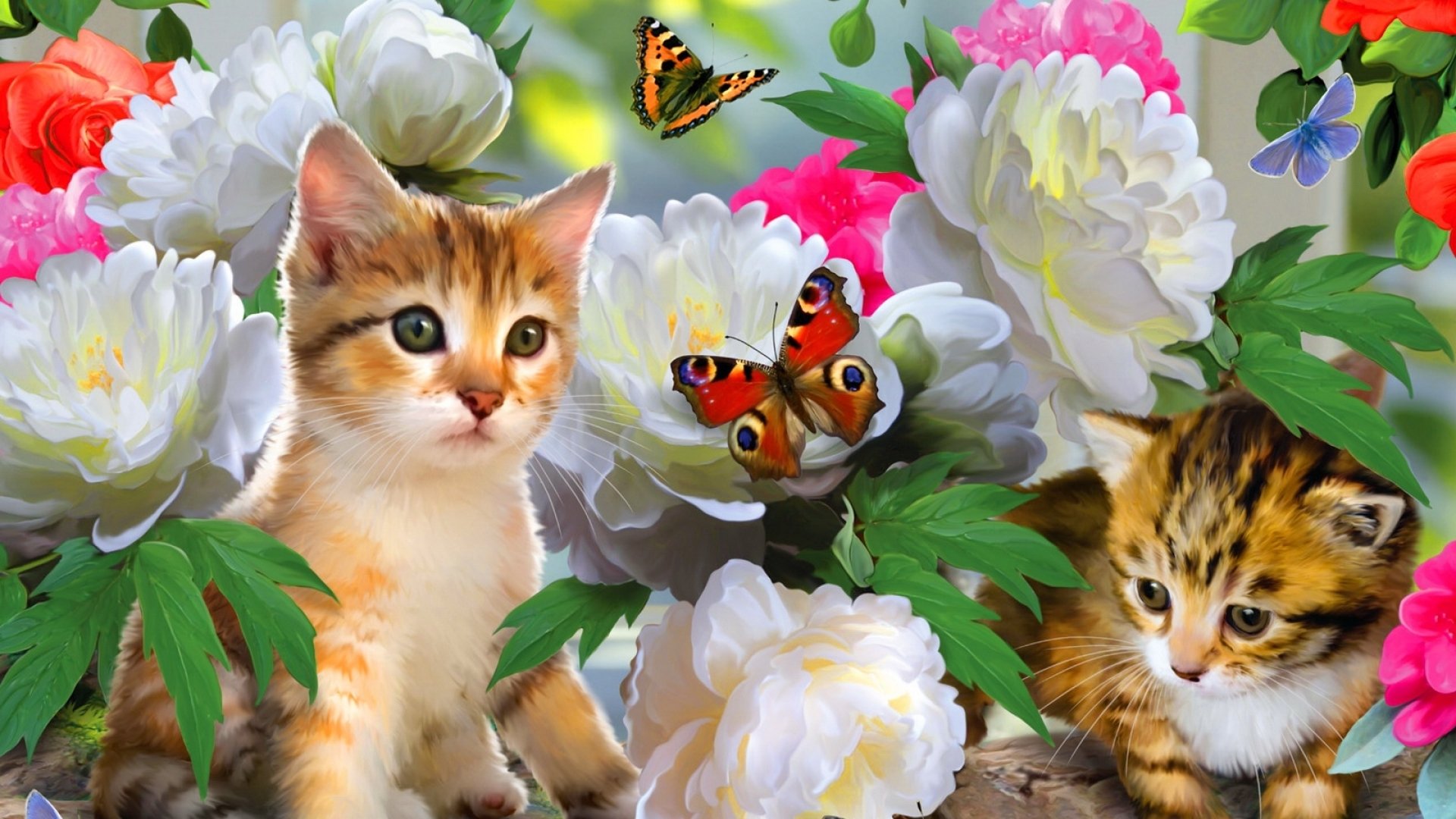 Adorable Cats in Bloom: HD Wallpaper