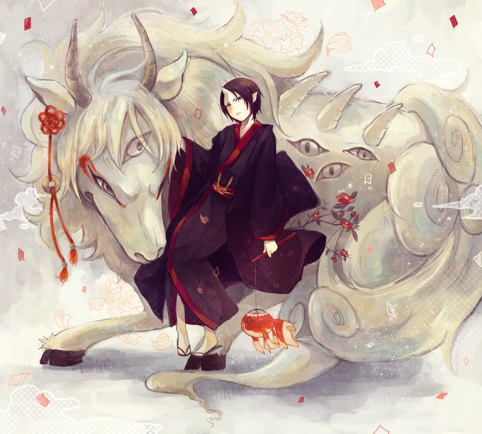 Wallpaper eyes, fish, anime, art, horns
