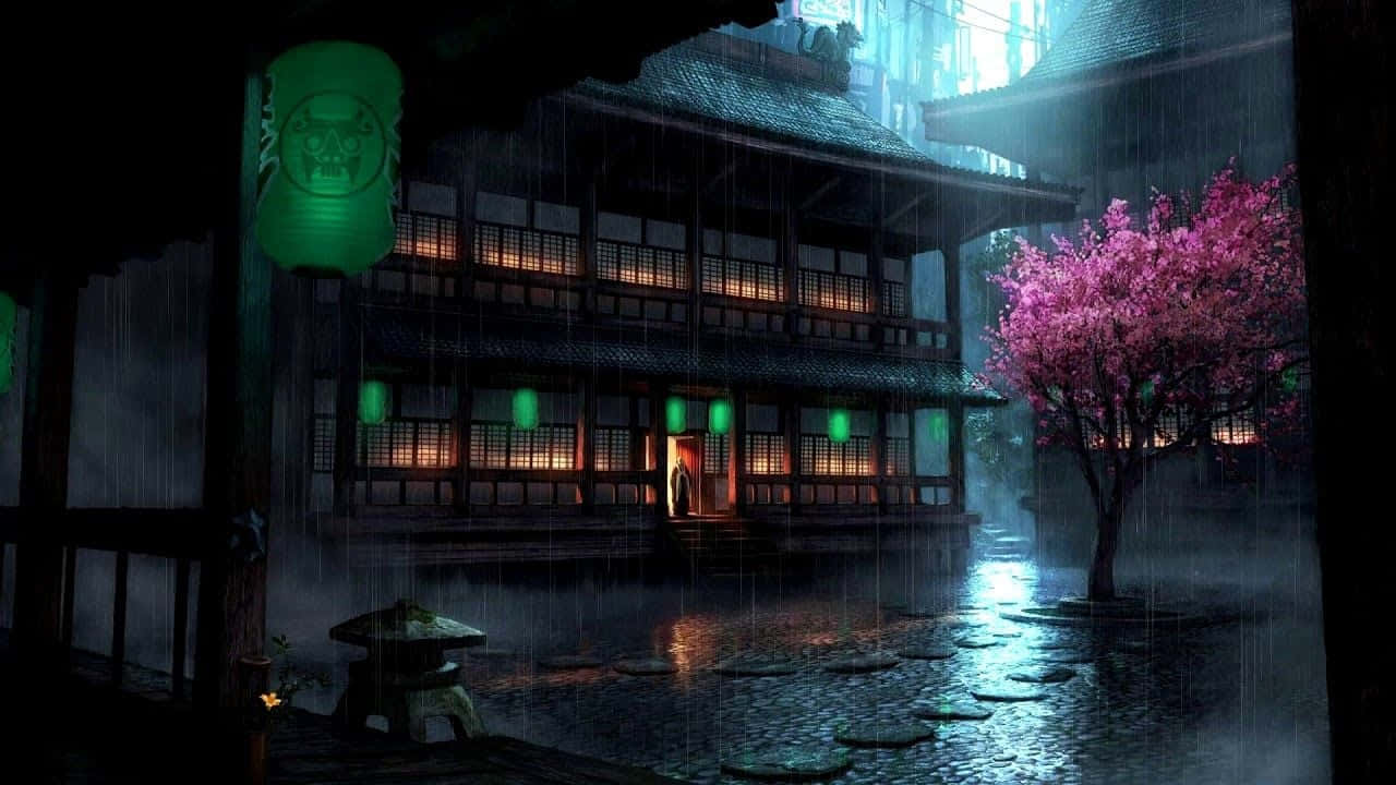 A Japanese House In The Rain With
