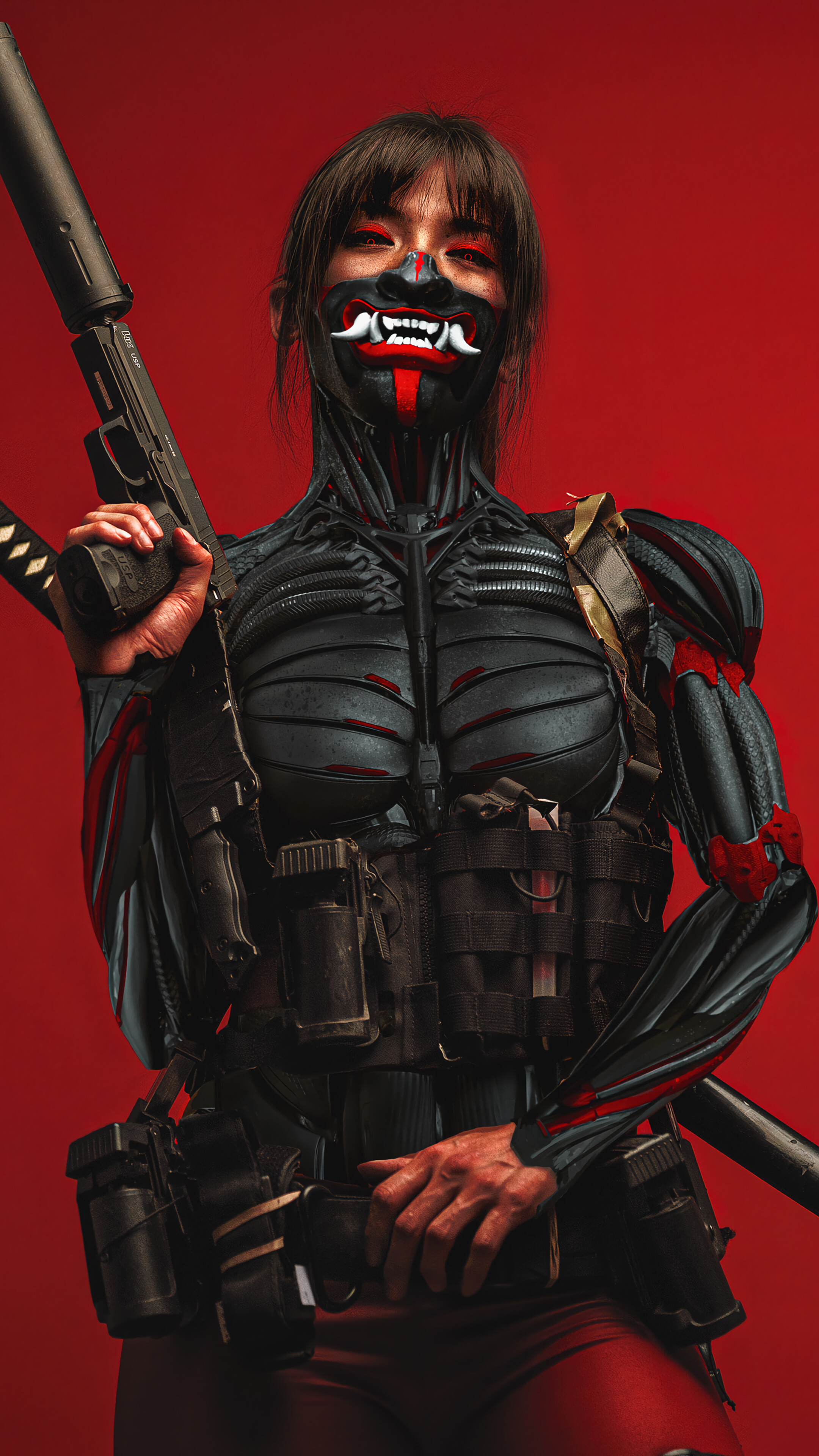 Cyberpunk Samurai Girl Oni Mask CGI Wallpaper iPhone Phone 4K f