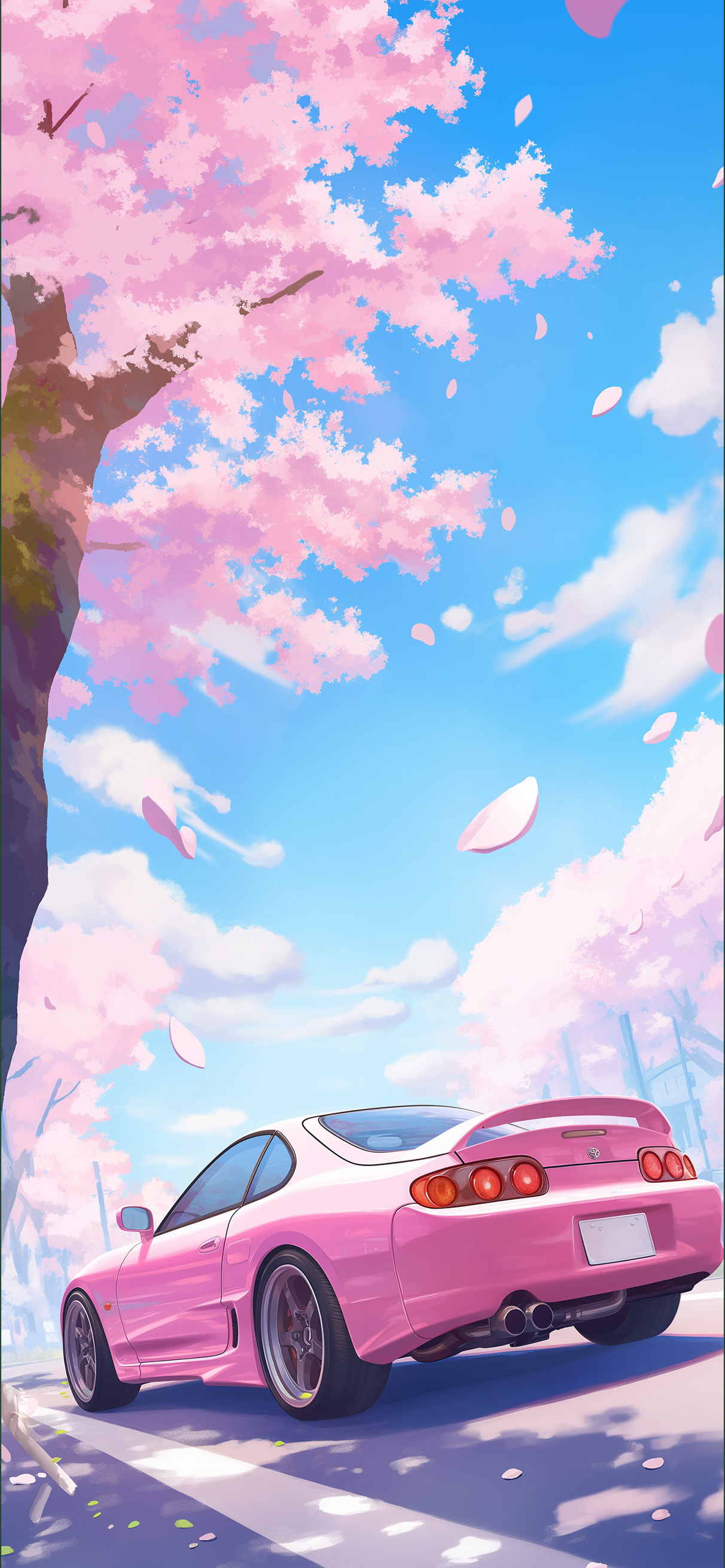 Pink Toyota Supra Car Cherry Blossom Anime Wallpaper iPhone