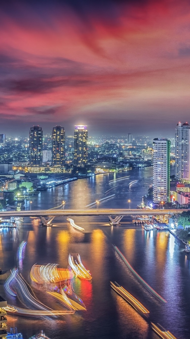 river, bridge, skyscrapers, lights