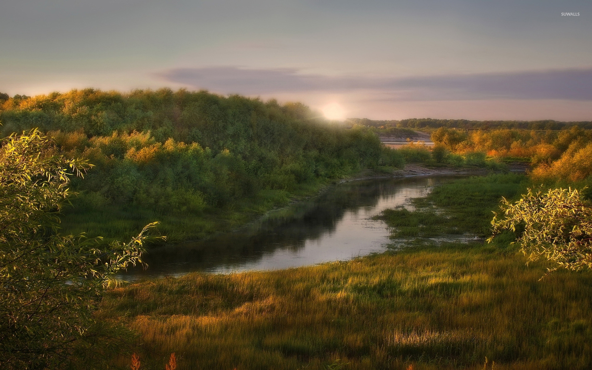 Sun rises above the river wallpaper