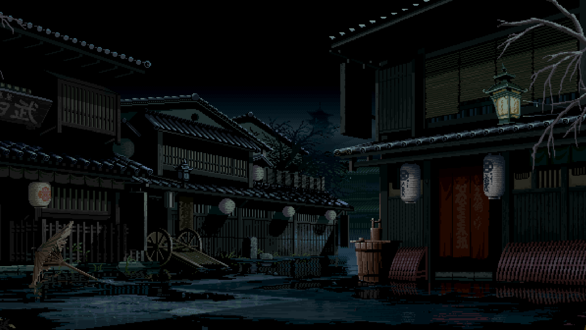 Midnight Village Pixel Art HD Wallpaper