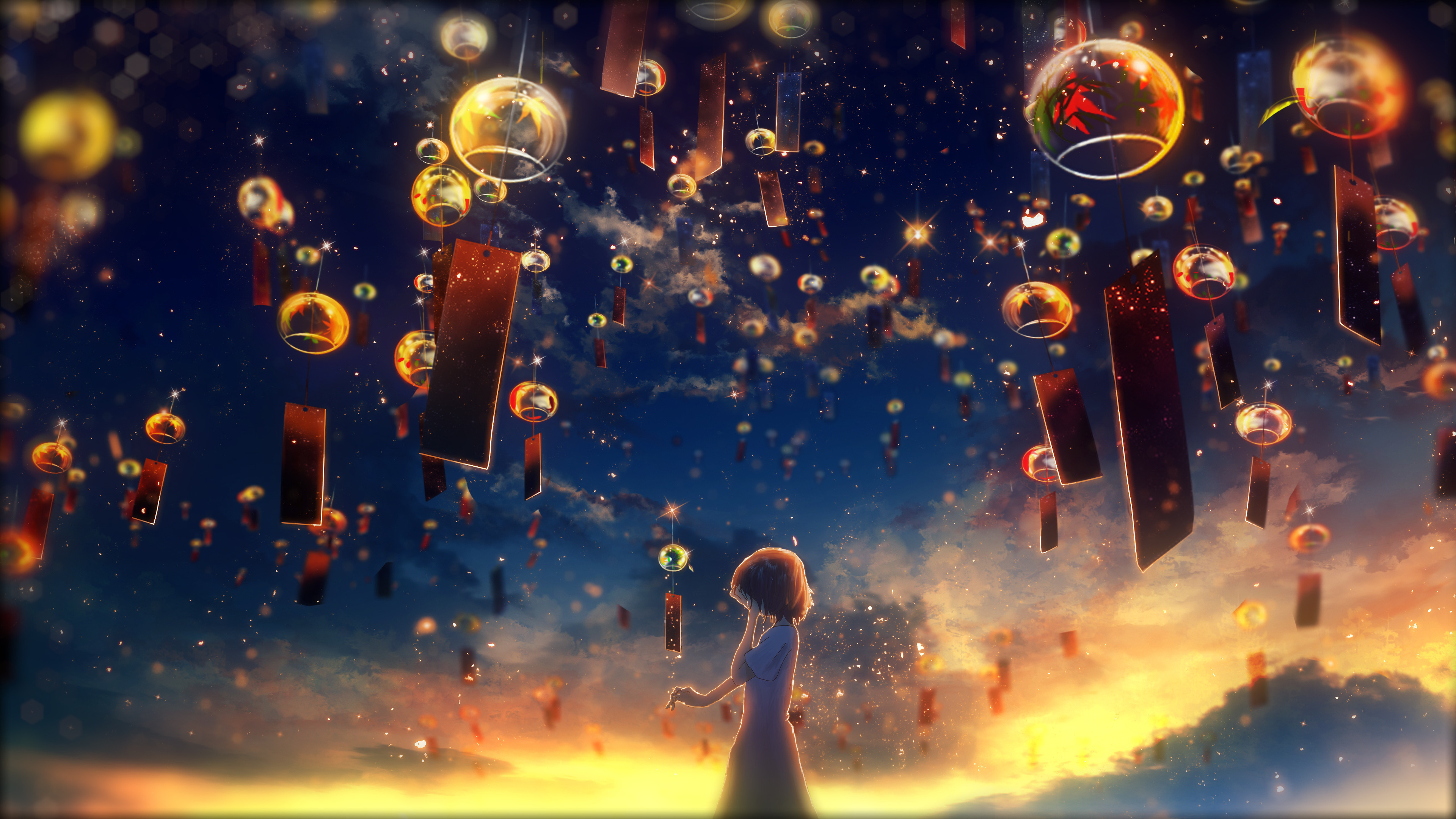 Anime Girl Crying Sunset Sky Lantern 4K
