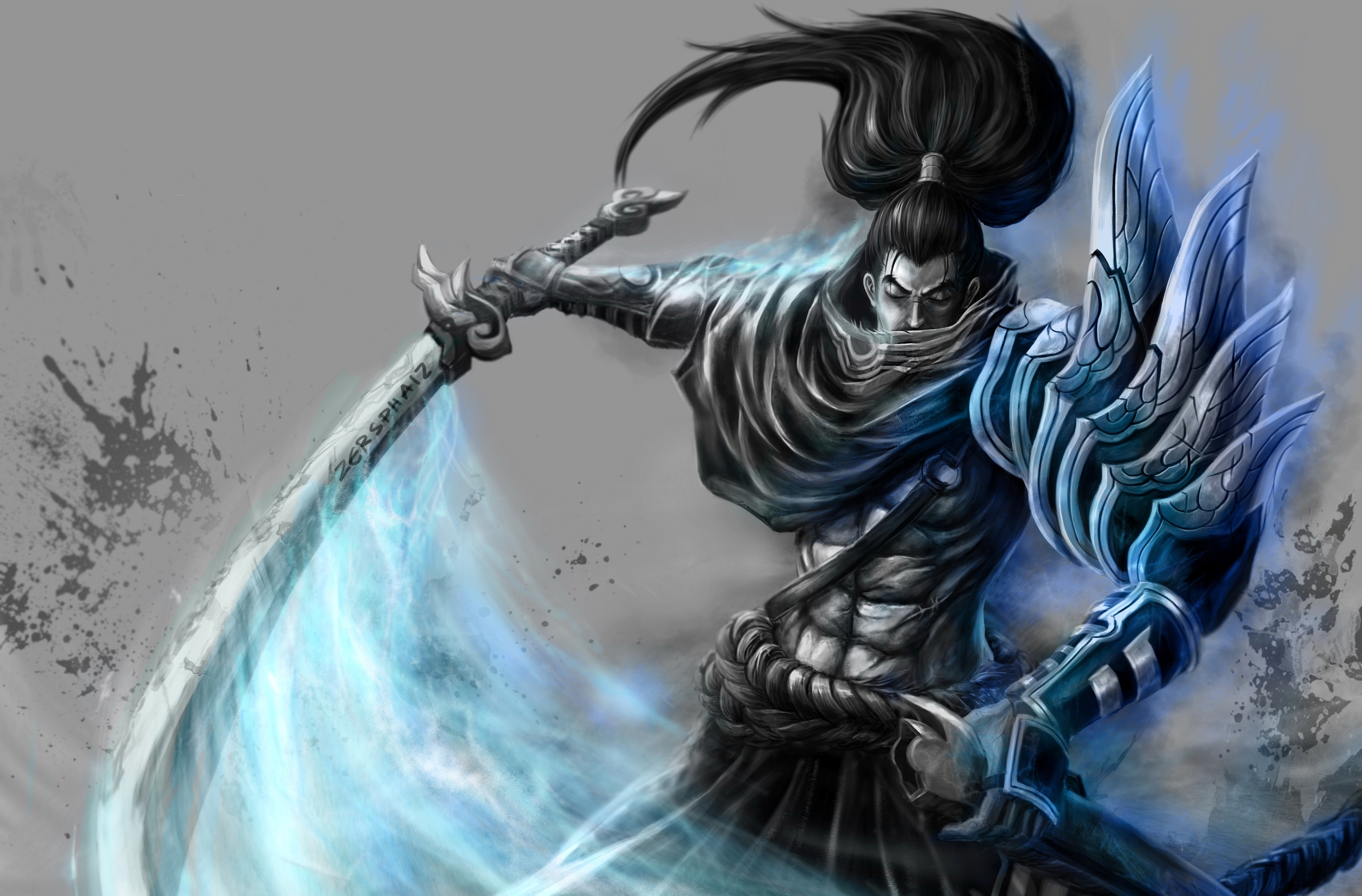 Wallpaper sword, art, samurai, tail, male, League of Legends, LoL, Yasuo for mobile and desktop, section игры, resolution 3000x1973