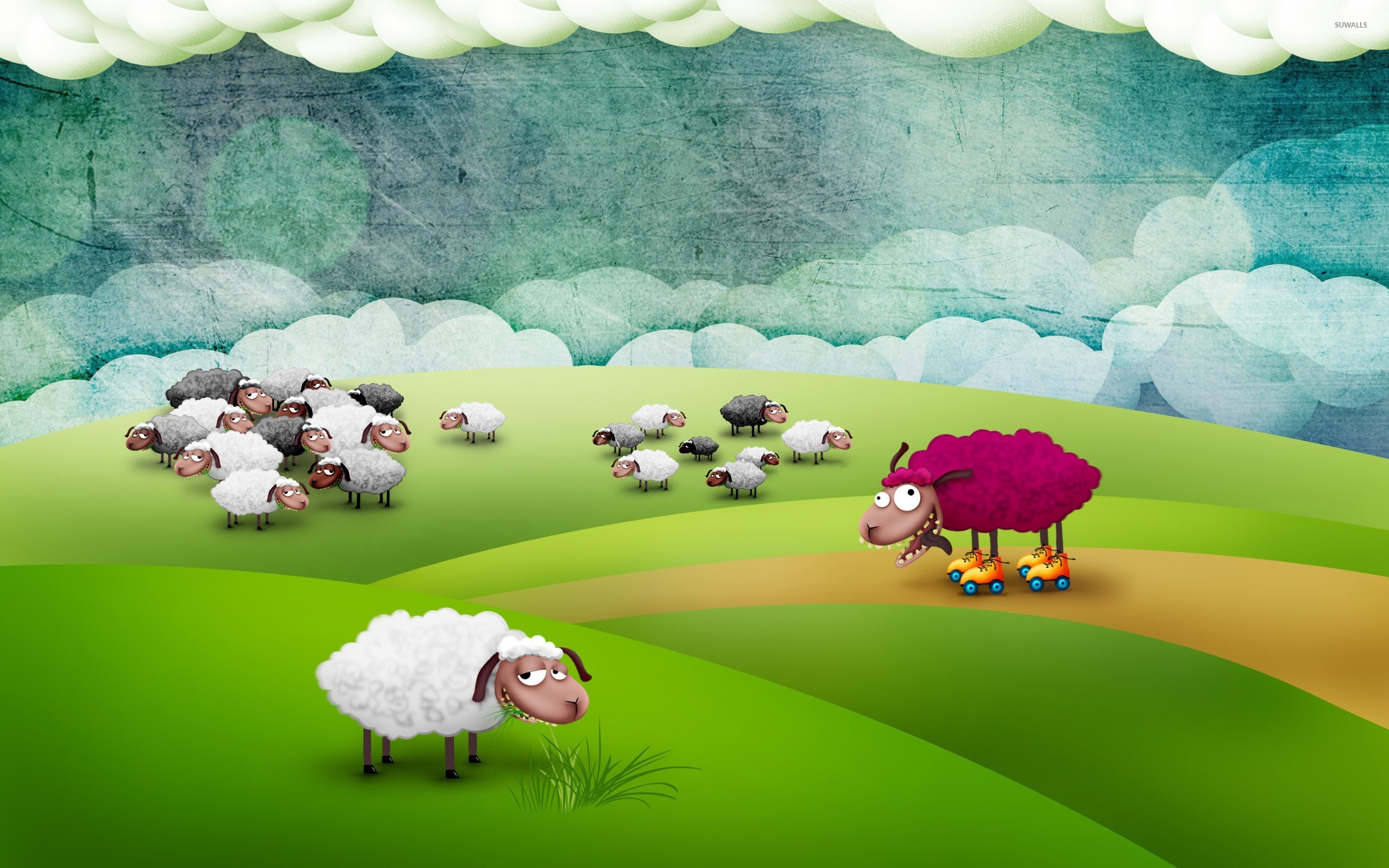 Crazy sheep on rollerskates wallpaper