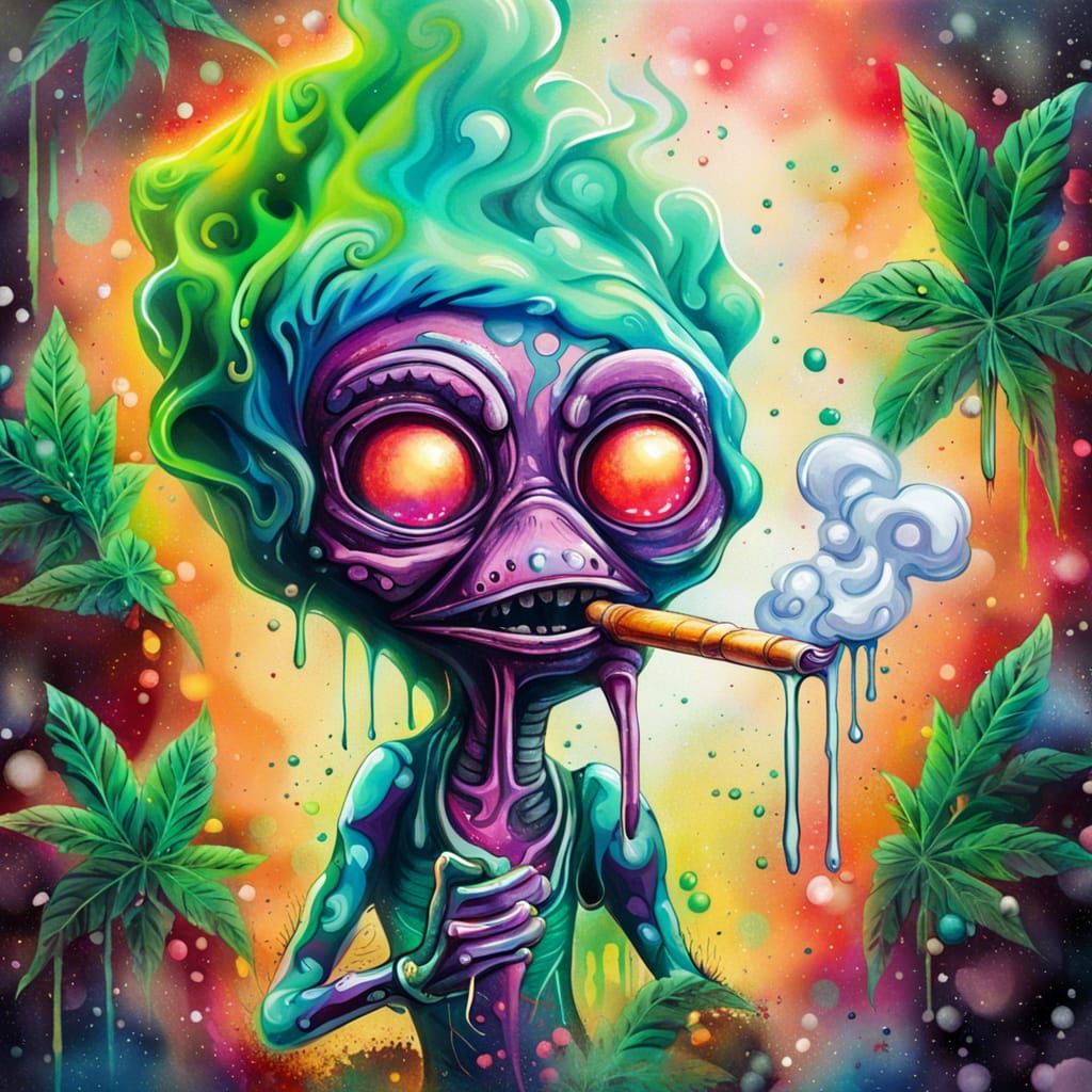 Whimsical smoking alien, marijuana leaf