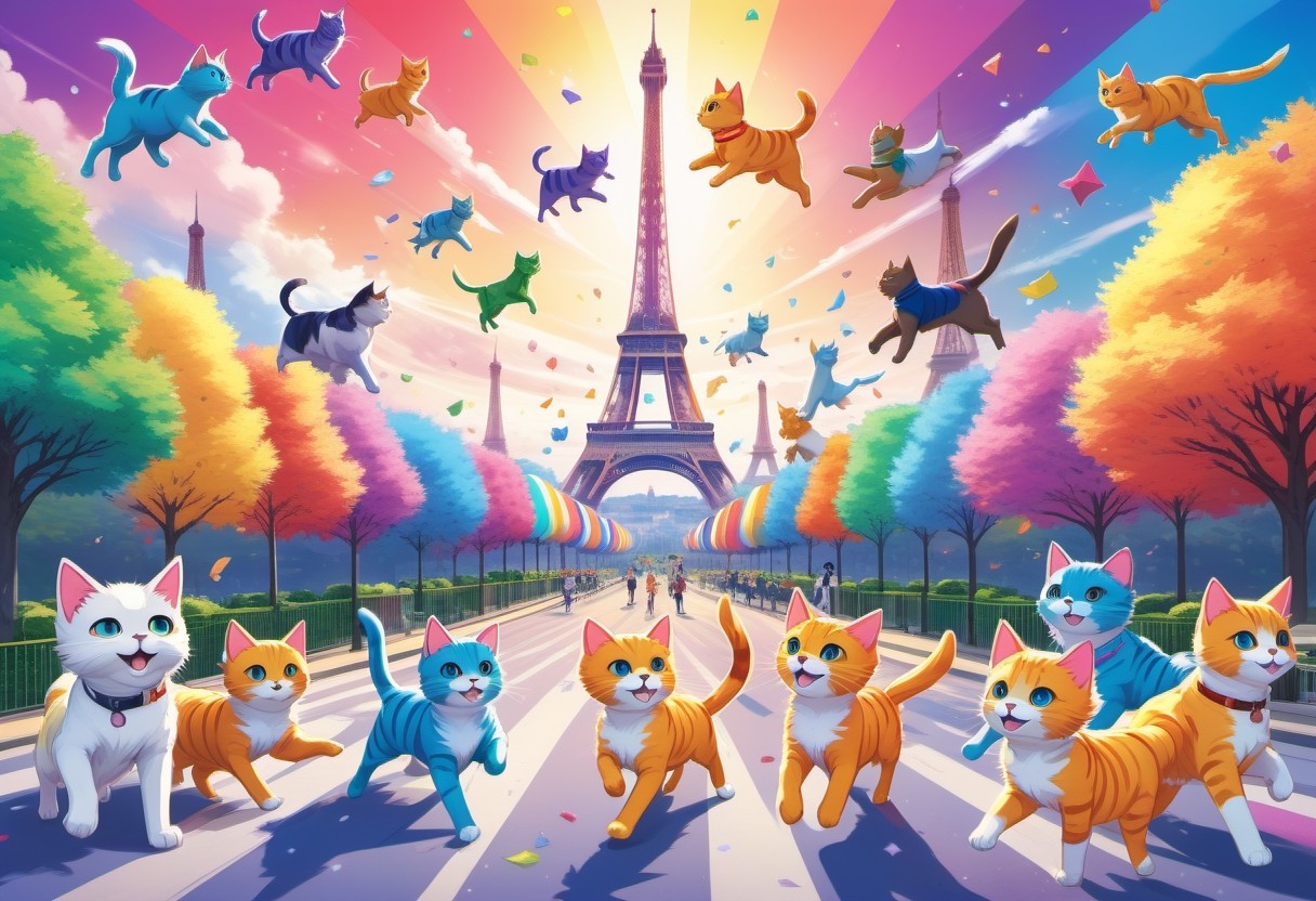 Rainbow Cats Chasing Dog at Eiffel