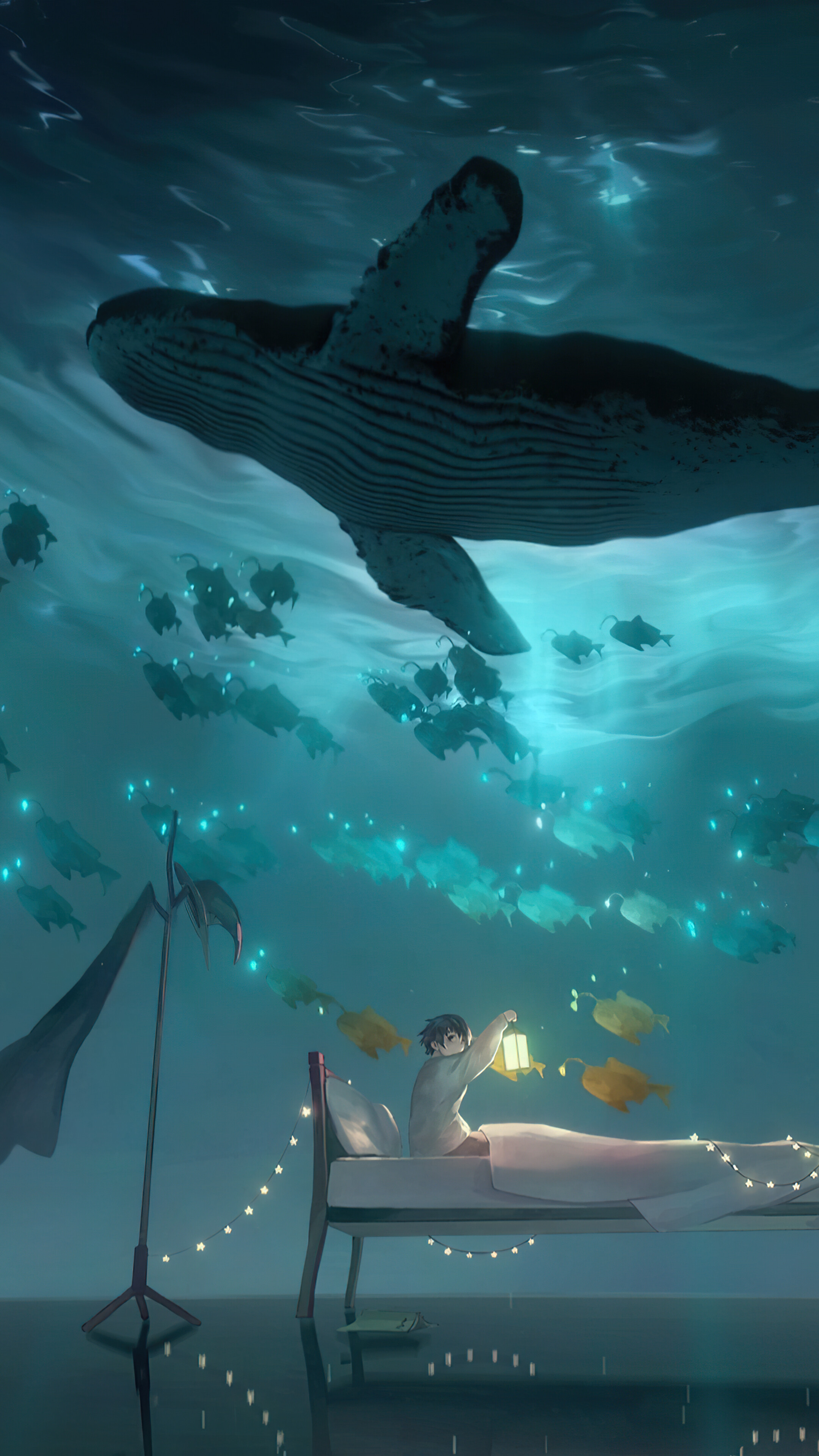 Anime Boy Underwater Whale Art 4K