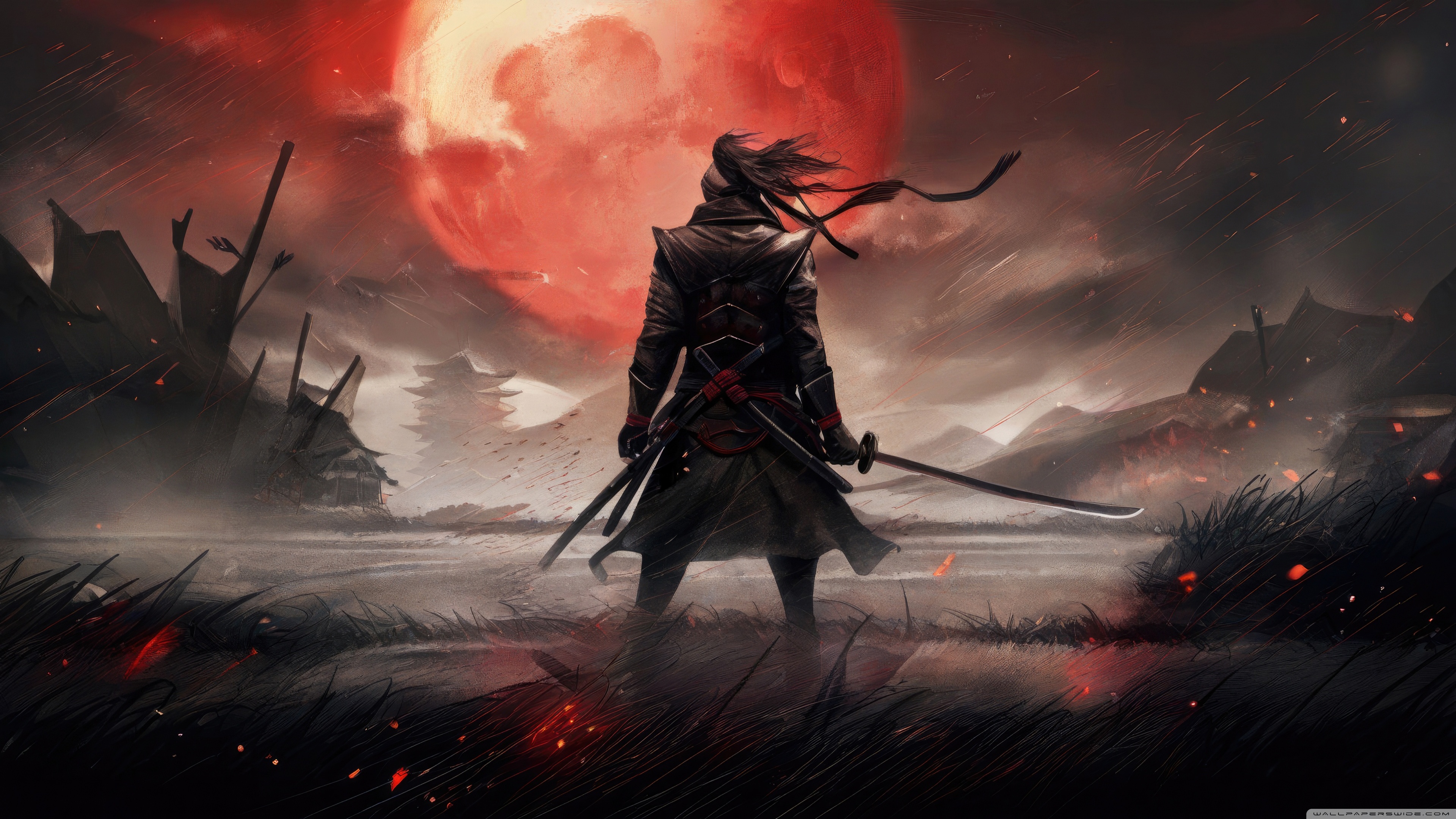 Samurai, Red Full Moon, Artwork 4K UHD