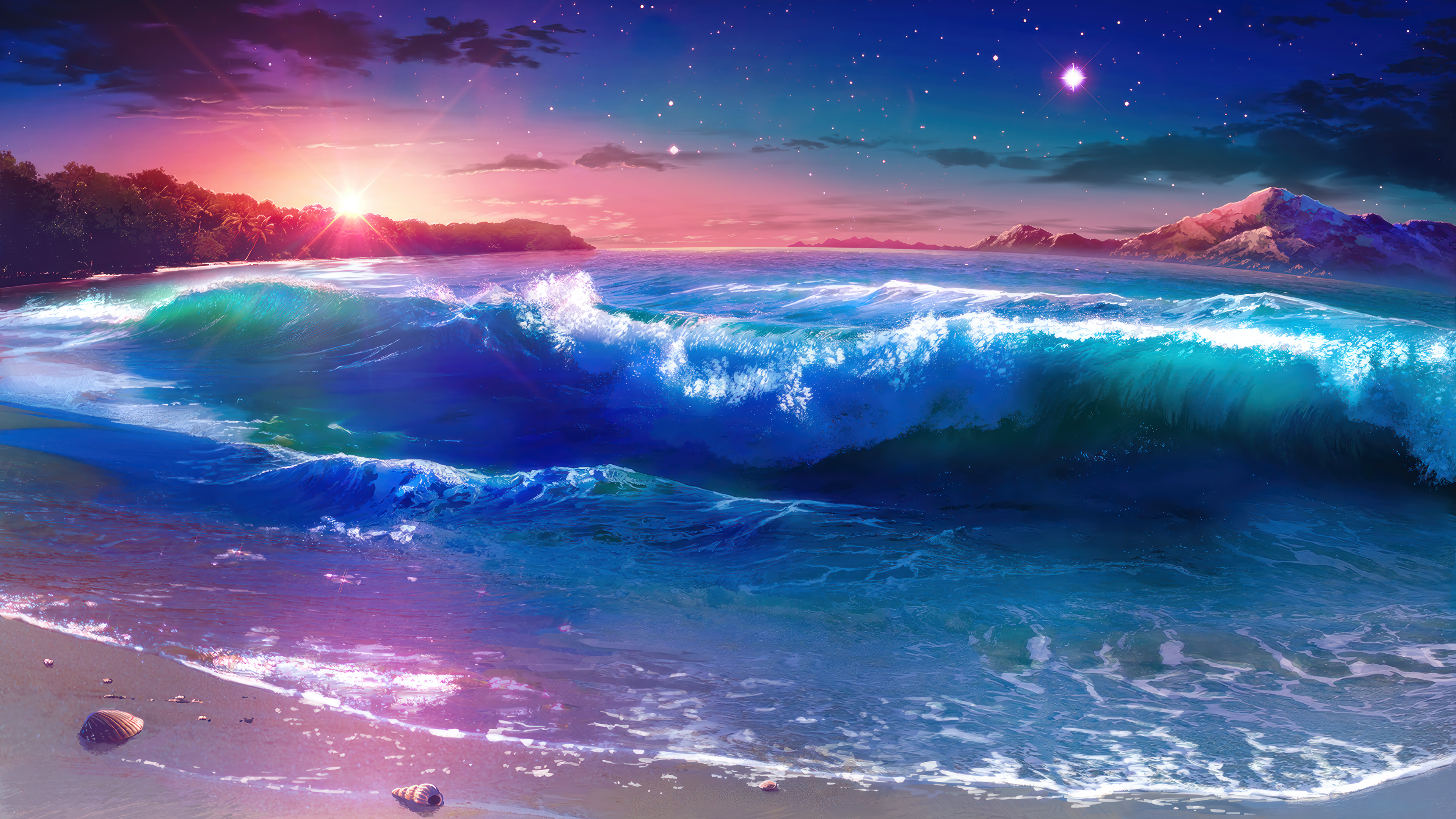 Beach Sunset Ocean Waves Wallpaper 4K
