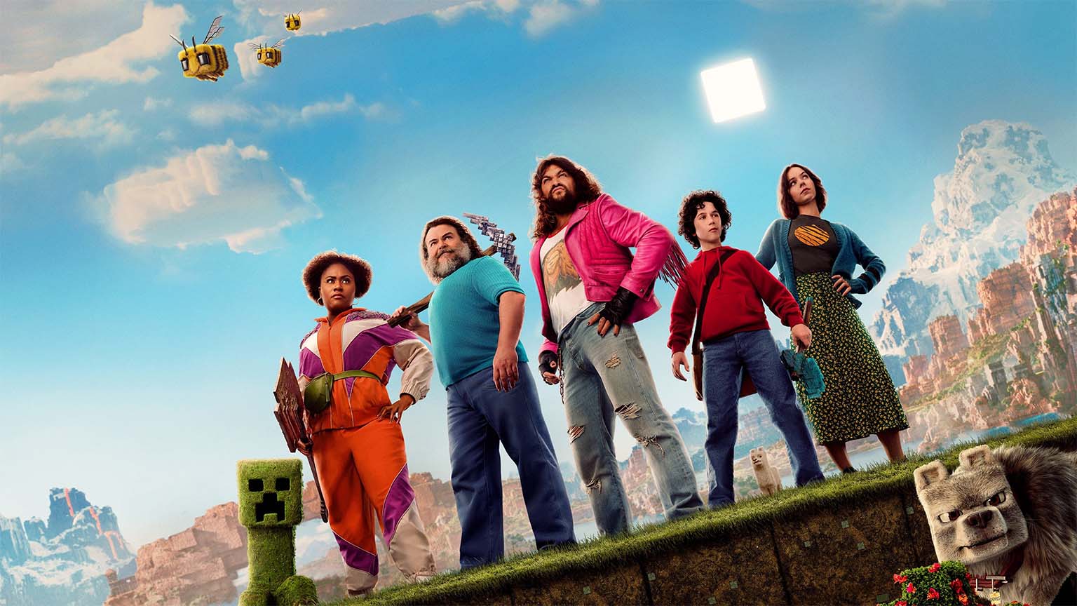 Minecraft Movie Cast Standing In Overworld Desktop Wallpaper 4K
