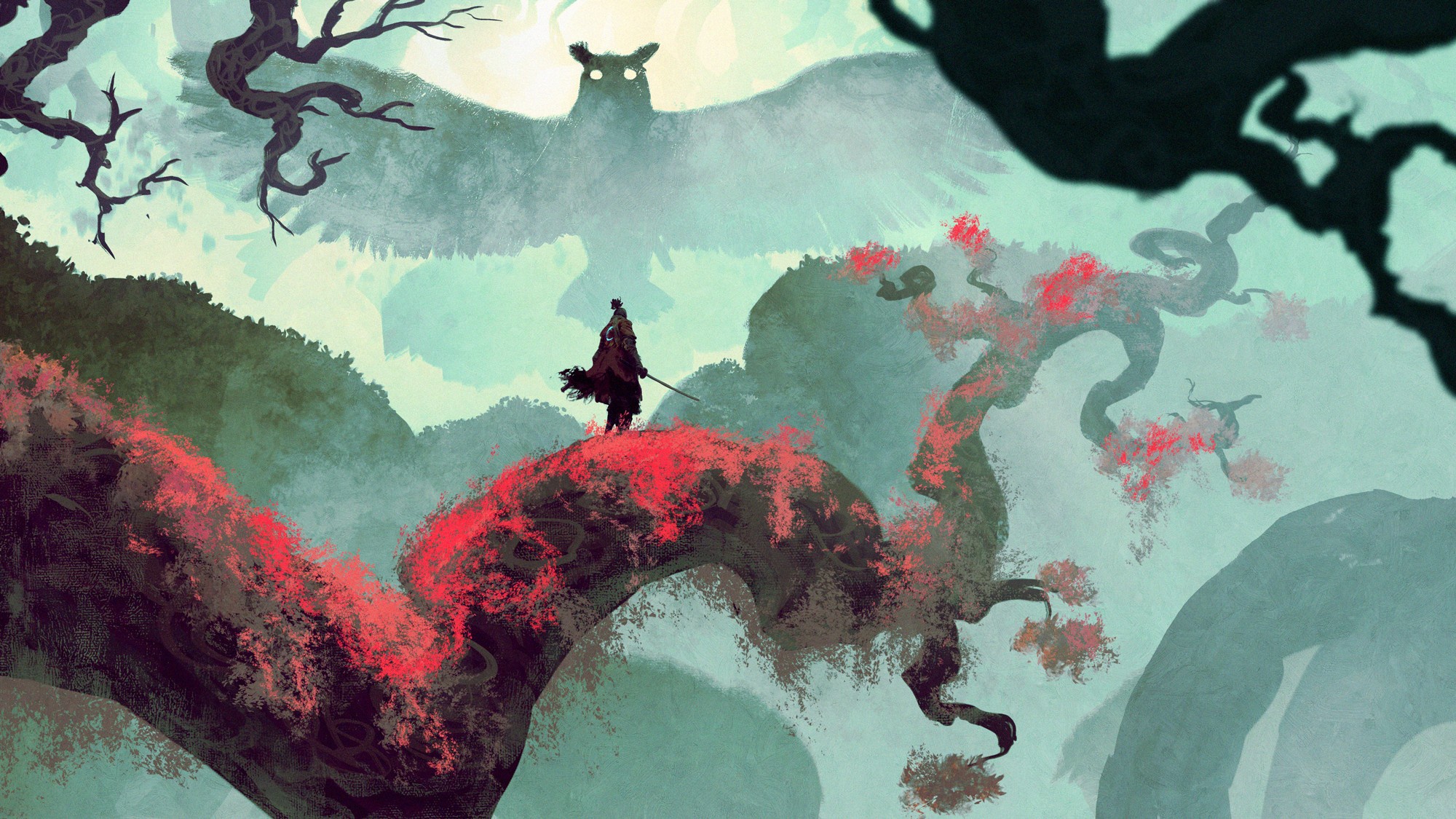 Wallpaper owl, branch, sword, samurai