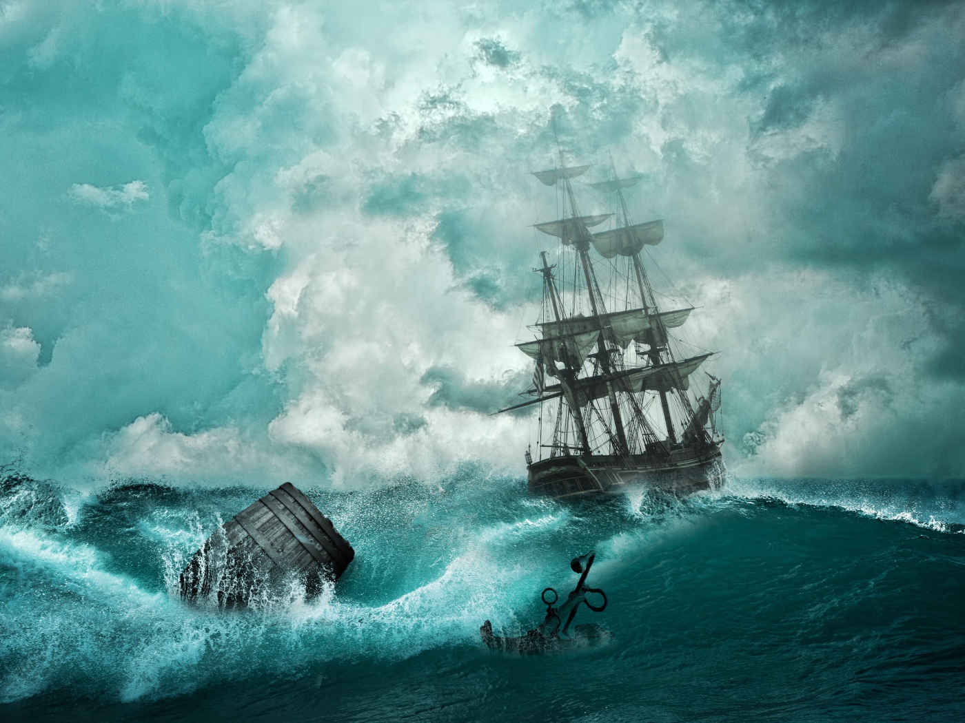 A pirate ship in a stormy ocean during