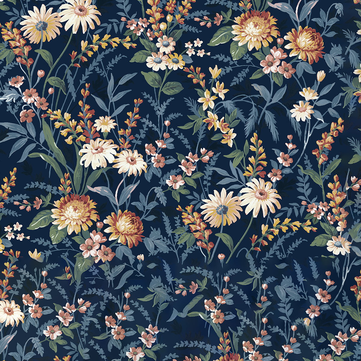 Vintage Floral Navy Blue Wallpaper