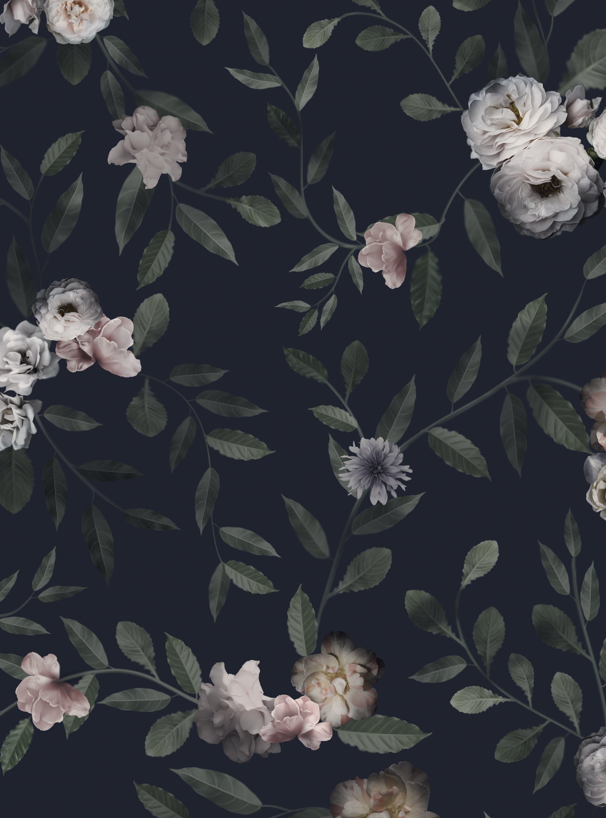 Dark Floral Mural Wall Art Wallpaper, Small Sample 8 x 11 Inches / Dark White Pink / Fabric Peel and Stick