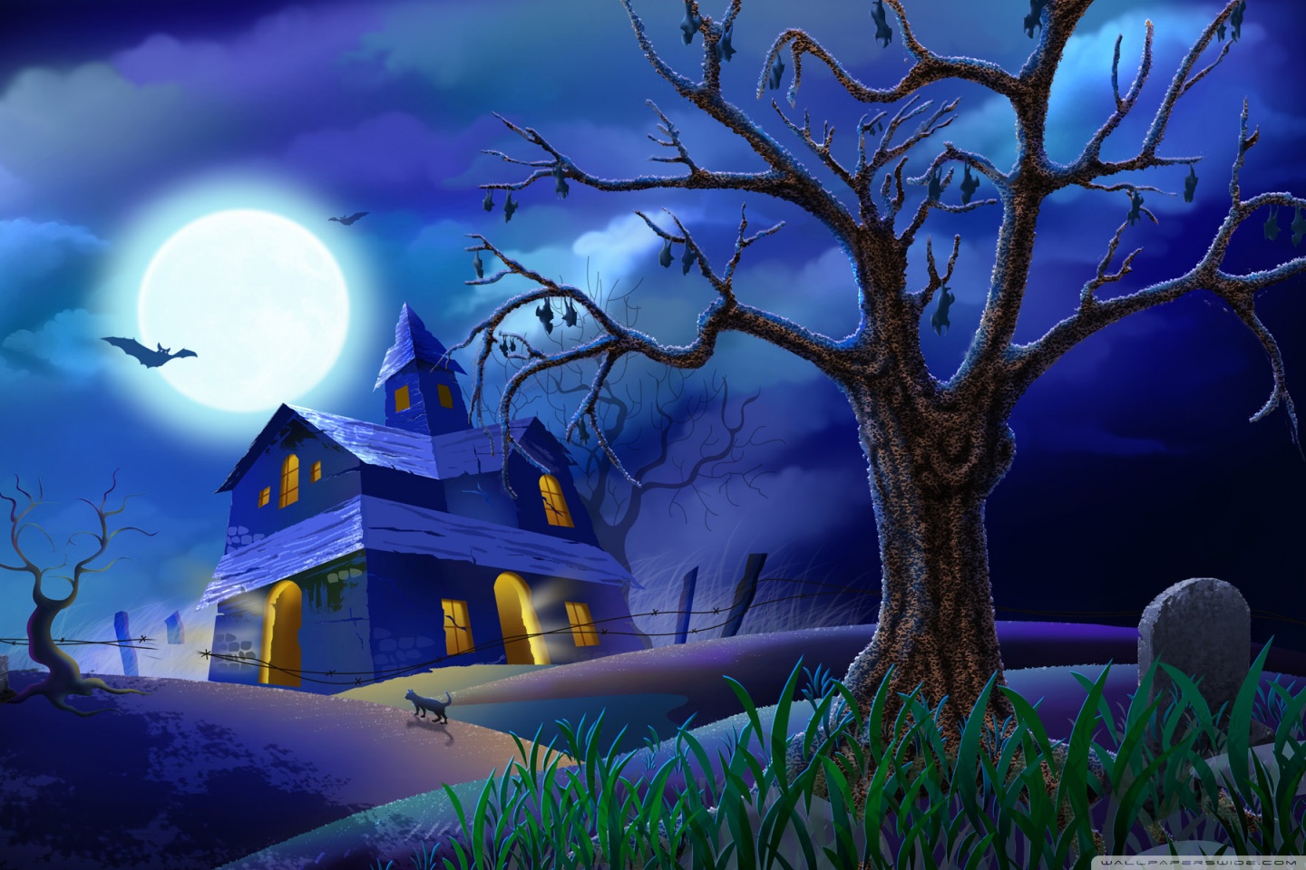 Spooky House Bats Cat Night Full Moon