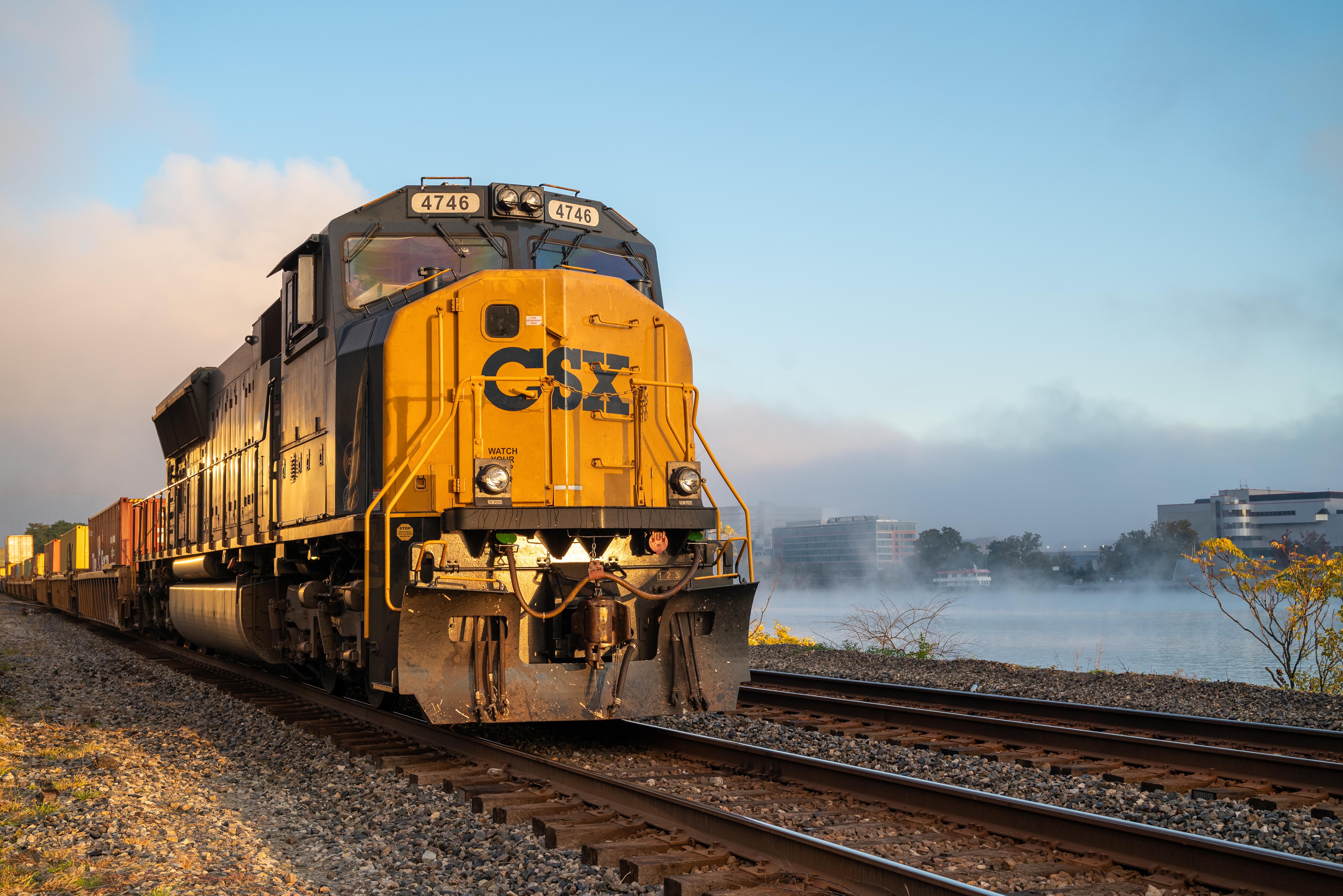 A CSX train on a foggy morning
