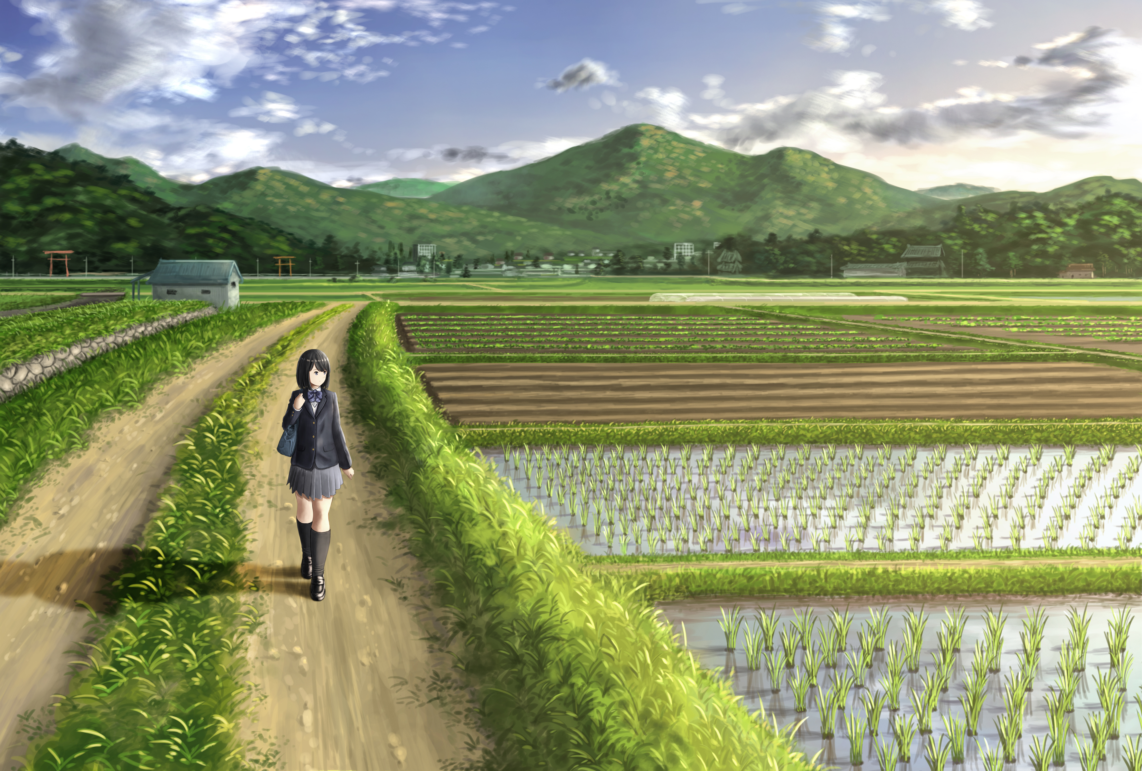 Peaceful Walk in the Countryside Ultra HD Anime Wallpaper by 鬼太