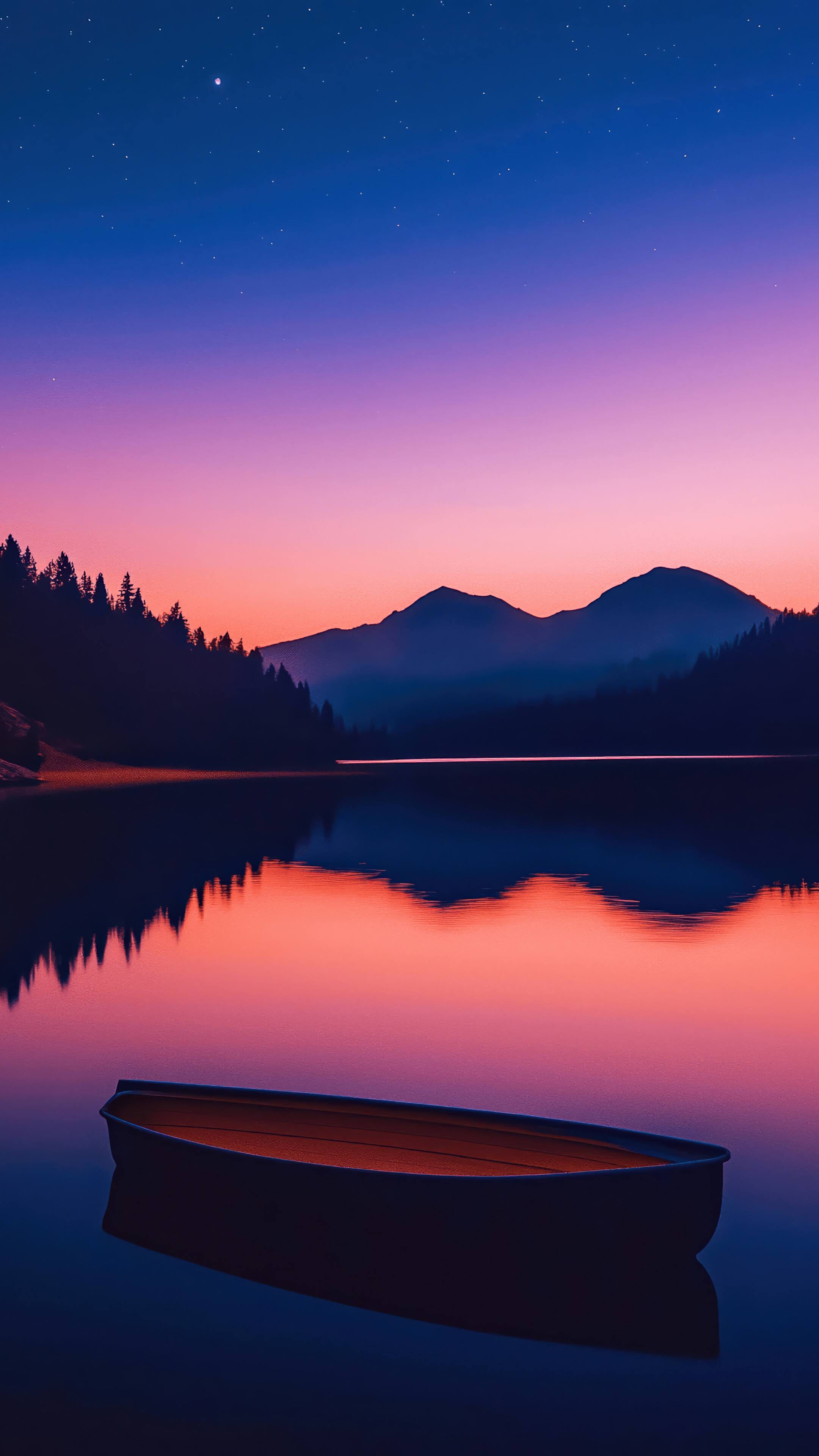 Sunset Lake Boat Night Sky 4K Wallpaper
