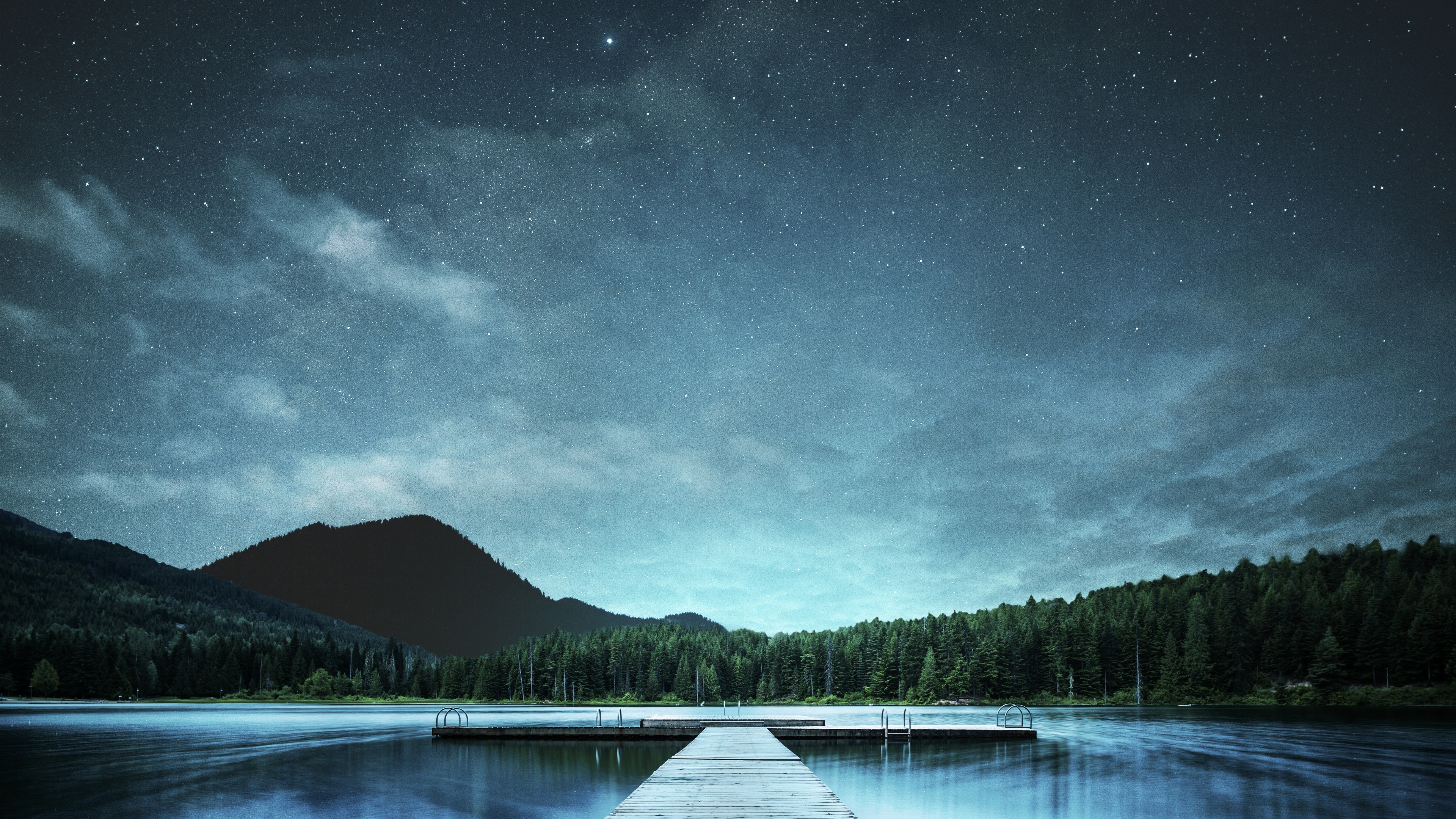 Jetty Wallpaper 4K, Lake, Night sky