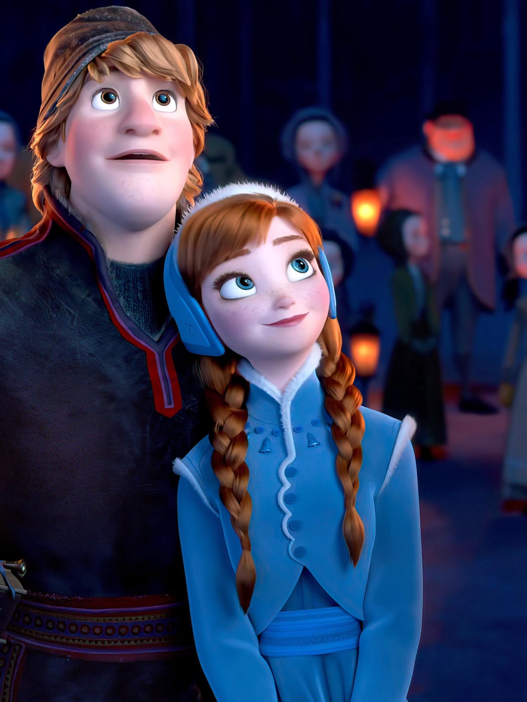 Anna is leaning on Kristoff's shoulder