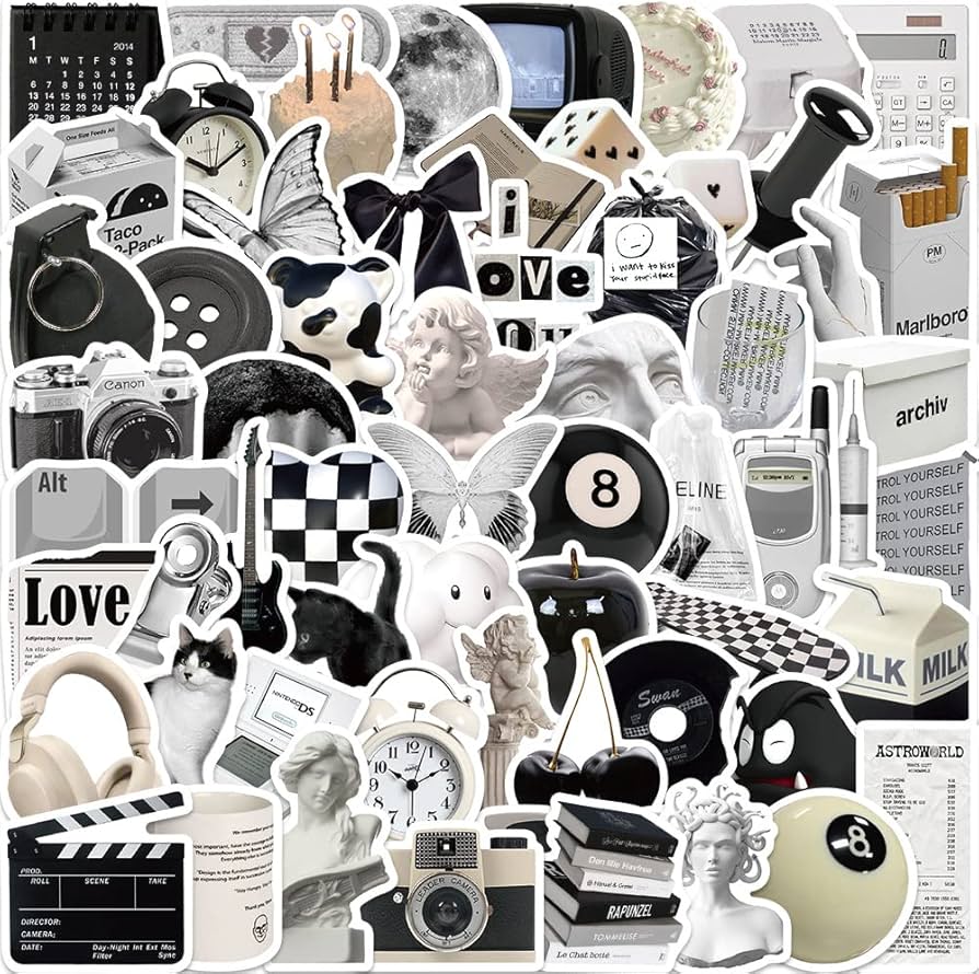 Aesthetic Vsco Stickers for Water Bottles, Black and White Simple Vinyl Sticker for Laptop, 61Pcs DIY Decorate Skateboard Computer Phone