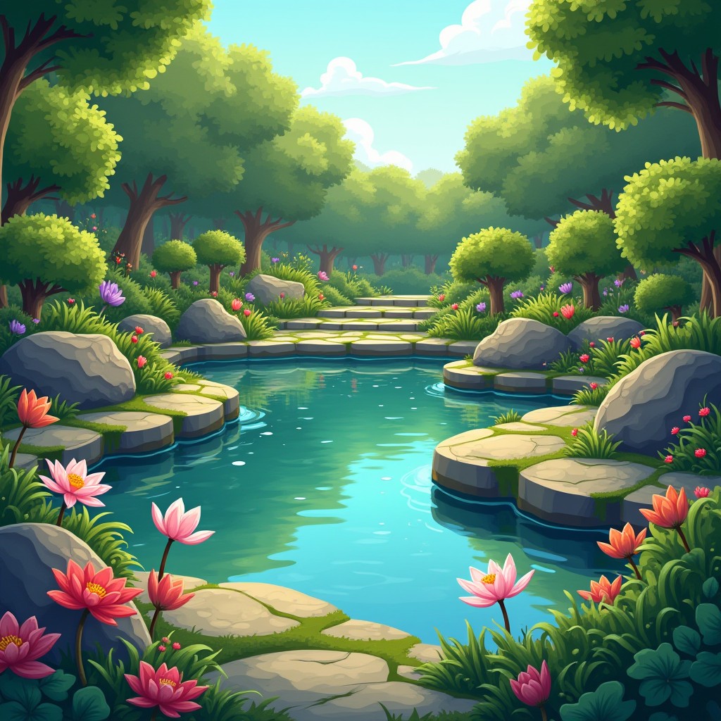 Beautiful Cartoon Garden Pond. Stable