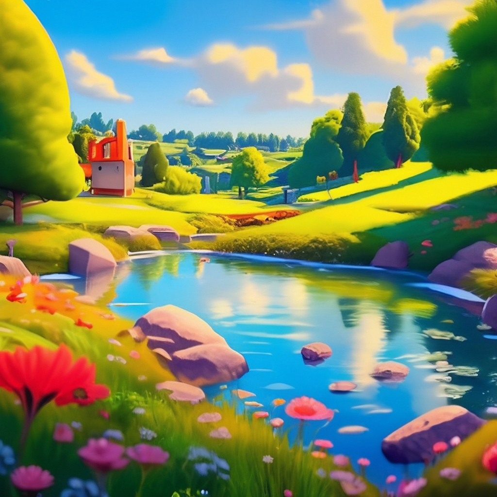 Beautiful landscape, pond, cartoon