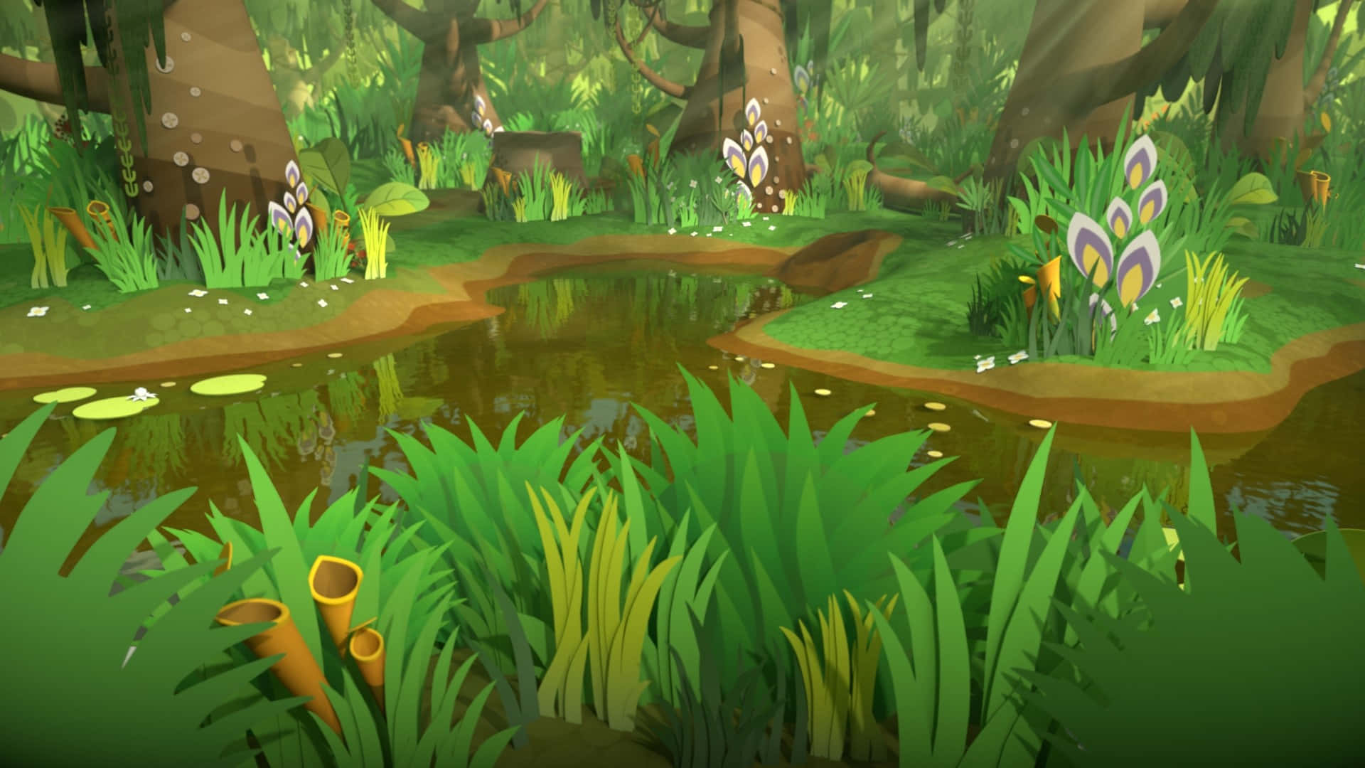 Download A Cartoon Forest With A Pond