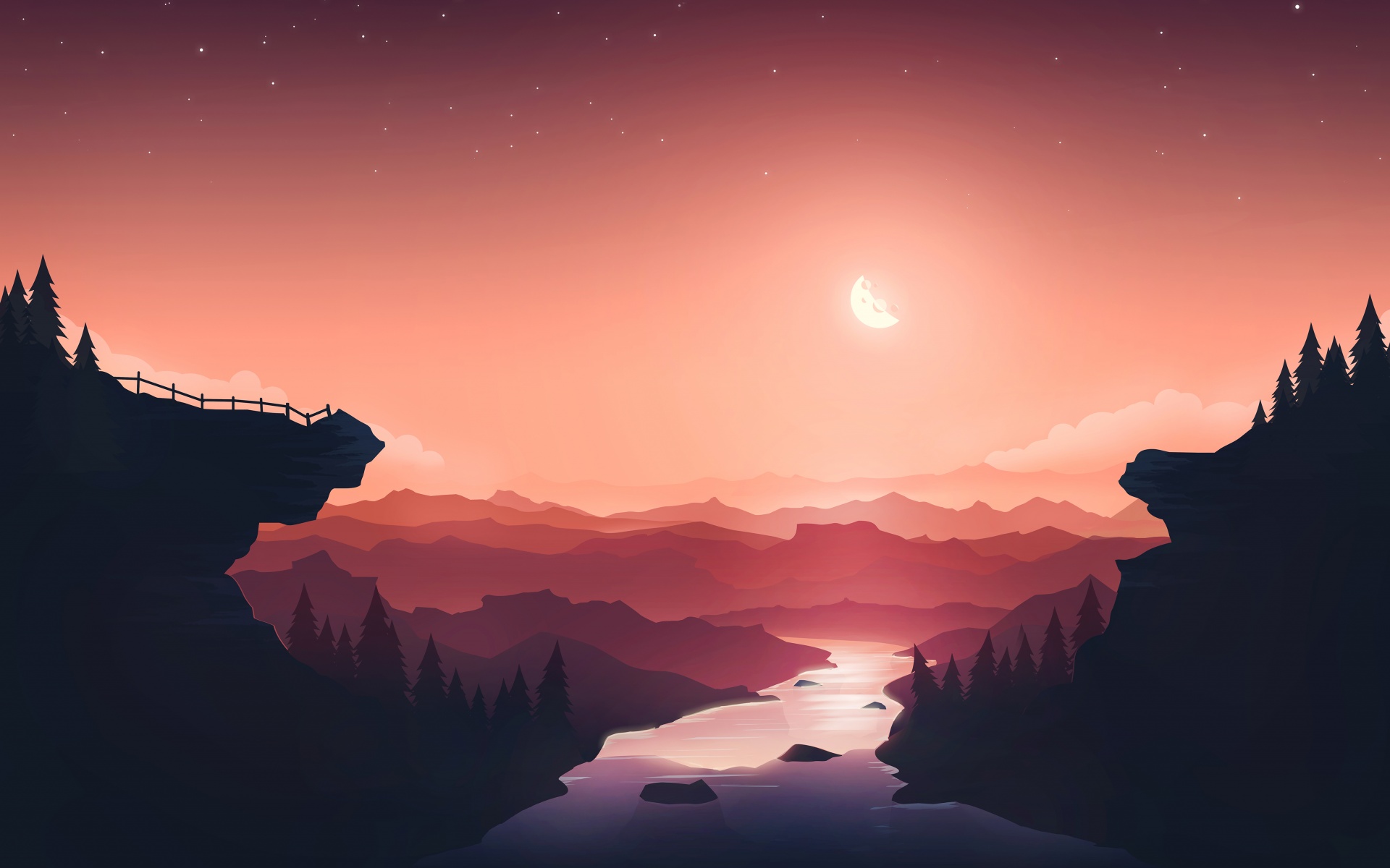 Sunset Wallpaper 4K, Moon, River, Mountains