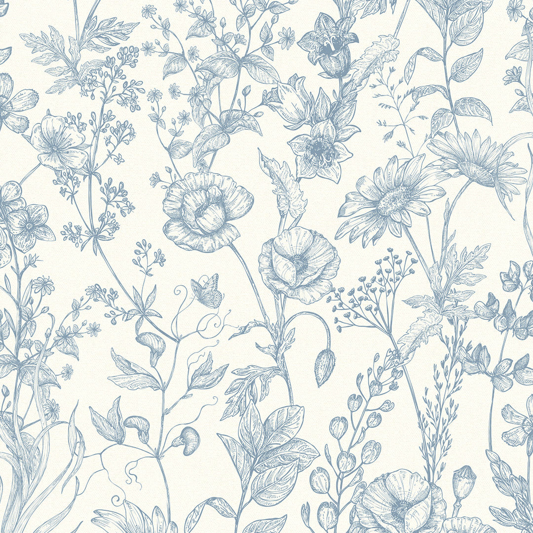 Sketched Meadow Wallpaper in Cornflower