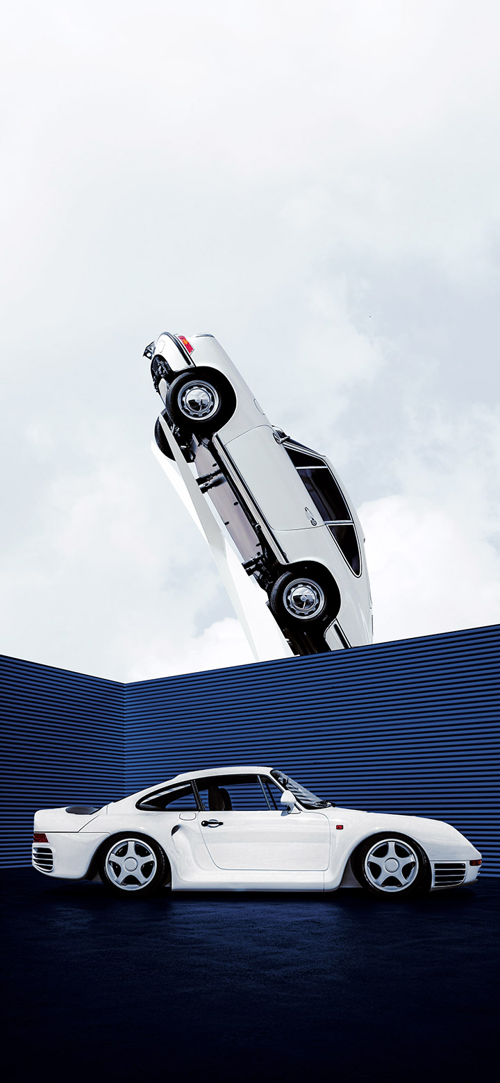 White Porsche cars in abstract space 4K